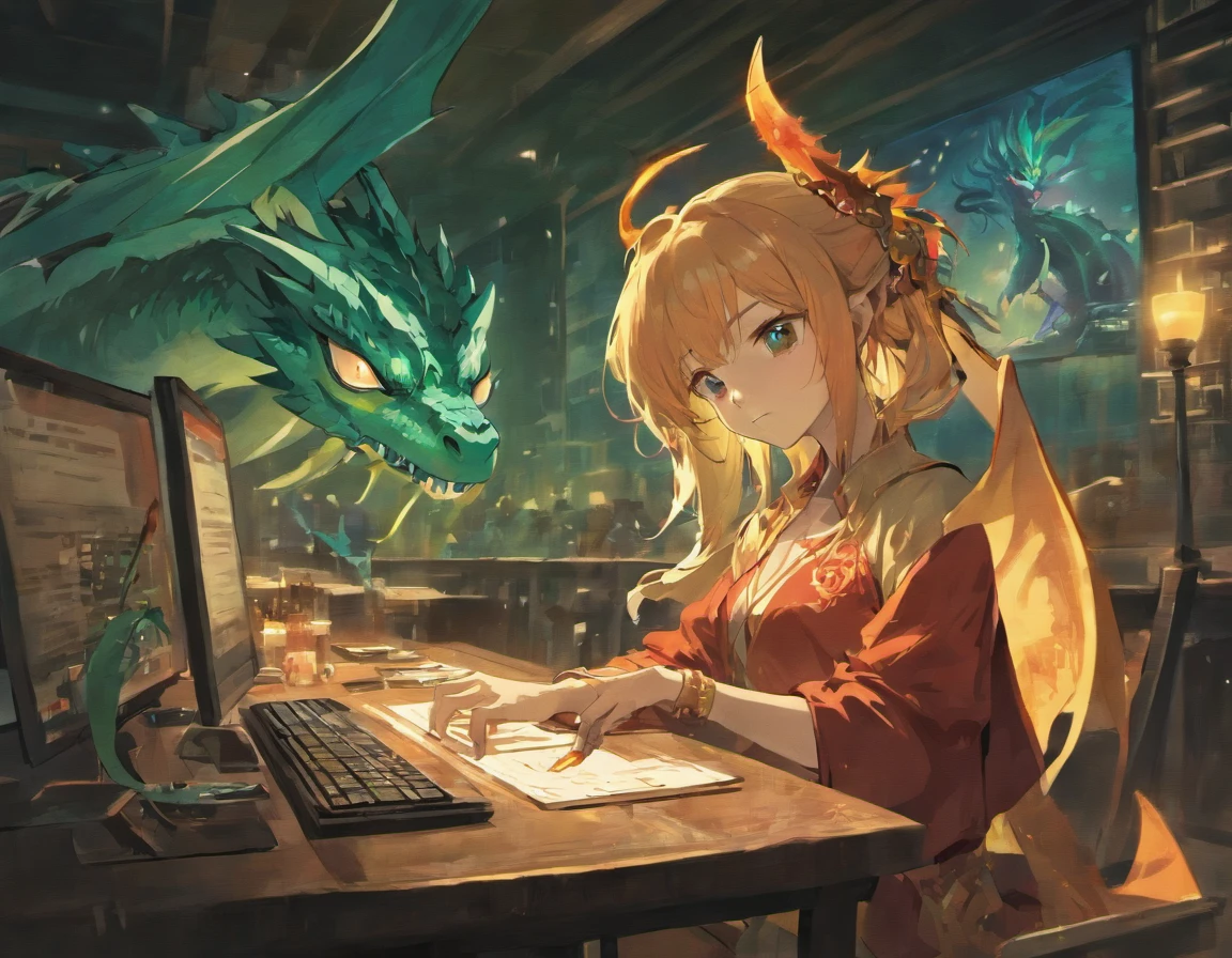 A dragon stands on the right side with one hand on the table,A dragon sits on the left side and plays with his head down and typing on the computer , in night time studying