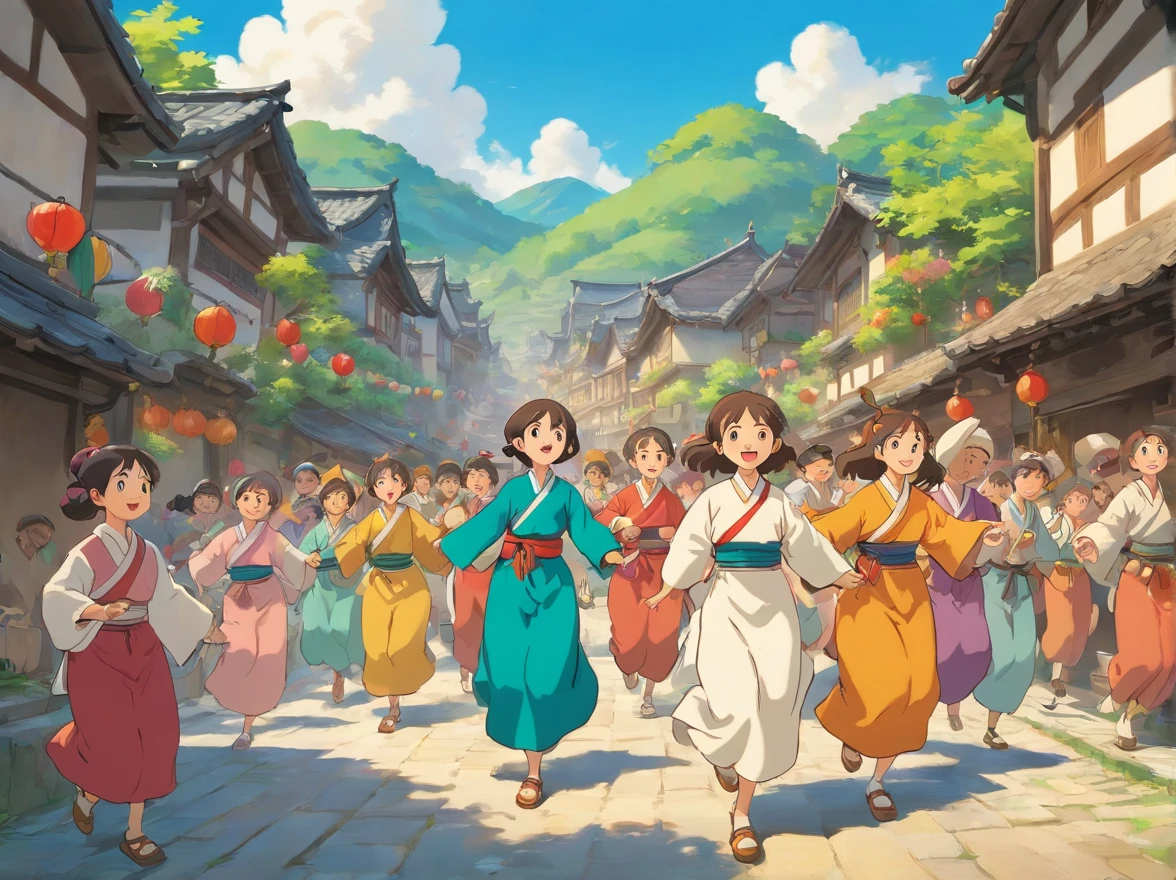 Village scene full of joy and lively atmosphere,Villagers sing and dance in Zhuang costumes