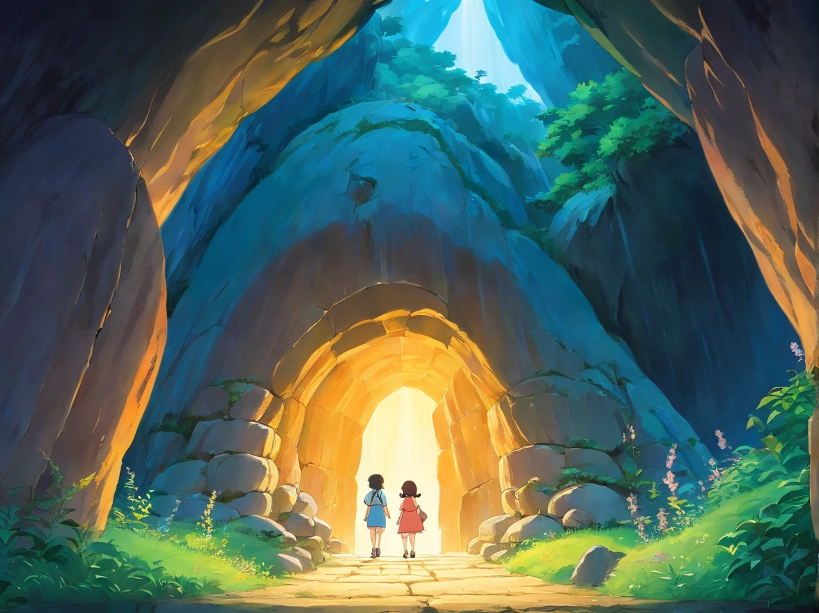 When night falls,The cave emits a soft glow,This moment seems sacred and fantastic。A young boy greeted in the front and a girl greeted in the front walked into the cave with nervous and excited expressions。The interior of the cave is illuminated by light,It reveals a mysterious atmosphere。