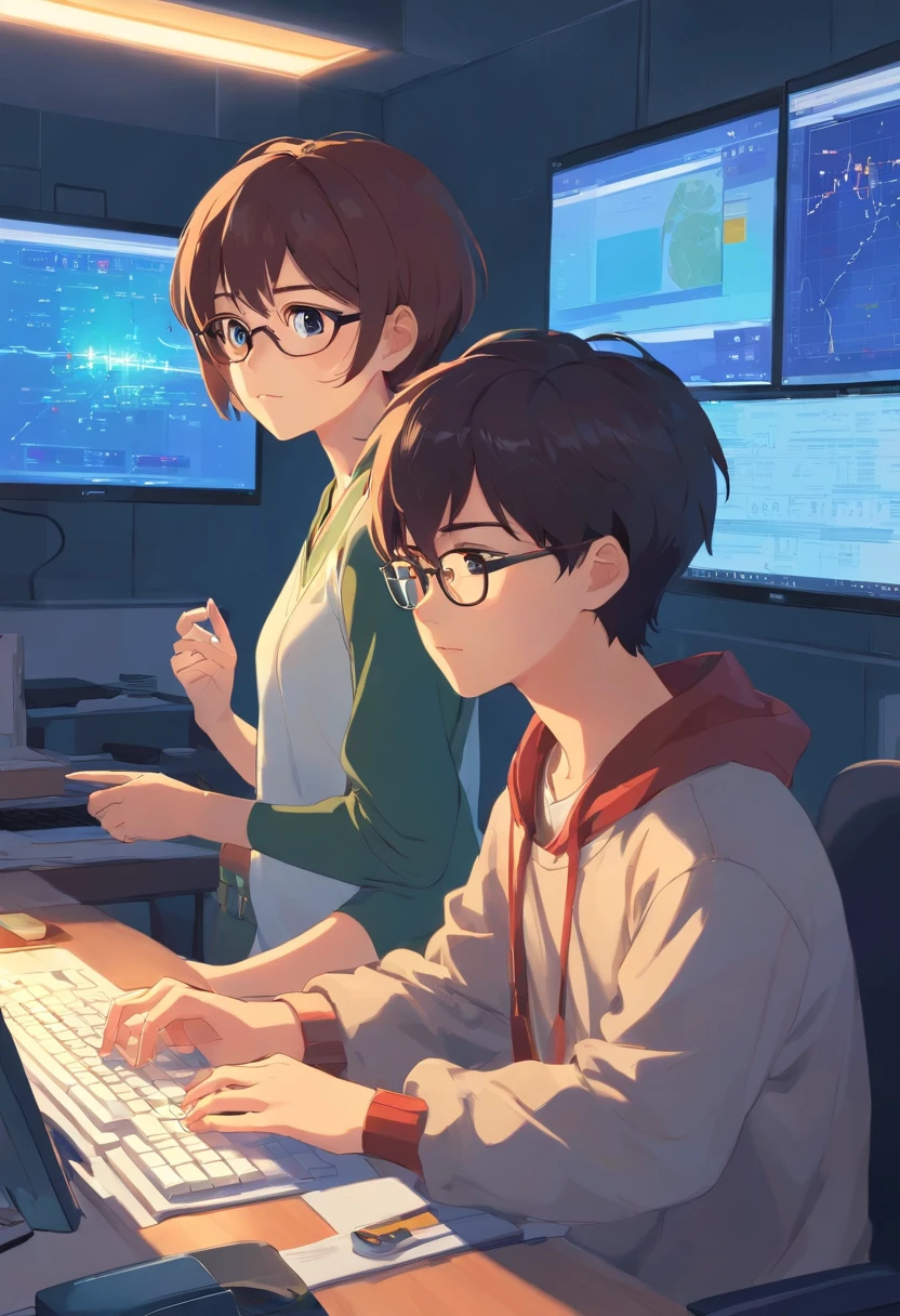 We were with a cute little boy，Short hair and glasses，Look together at the computer screen