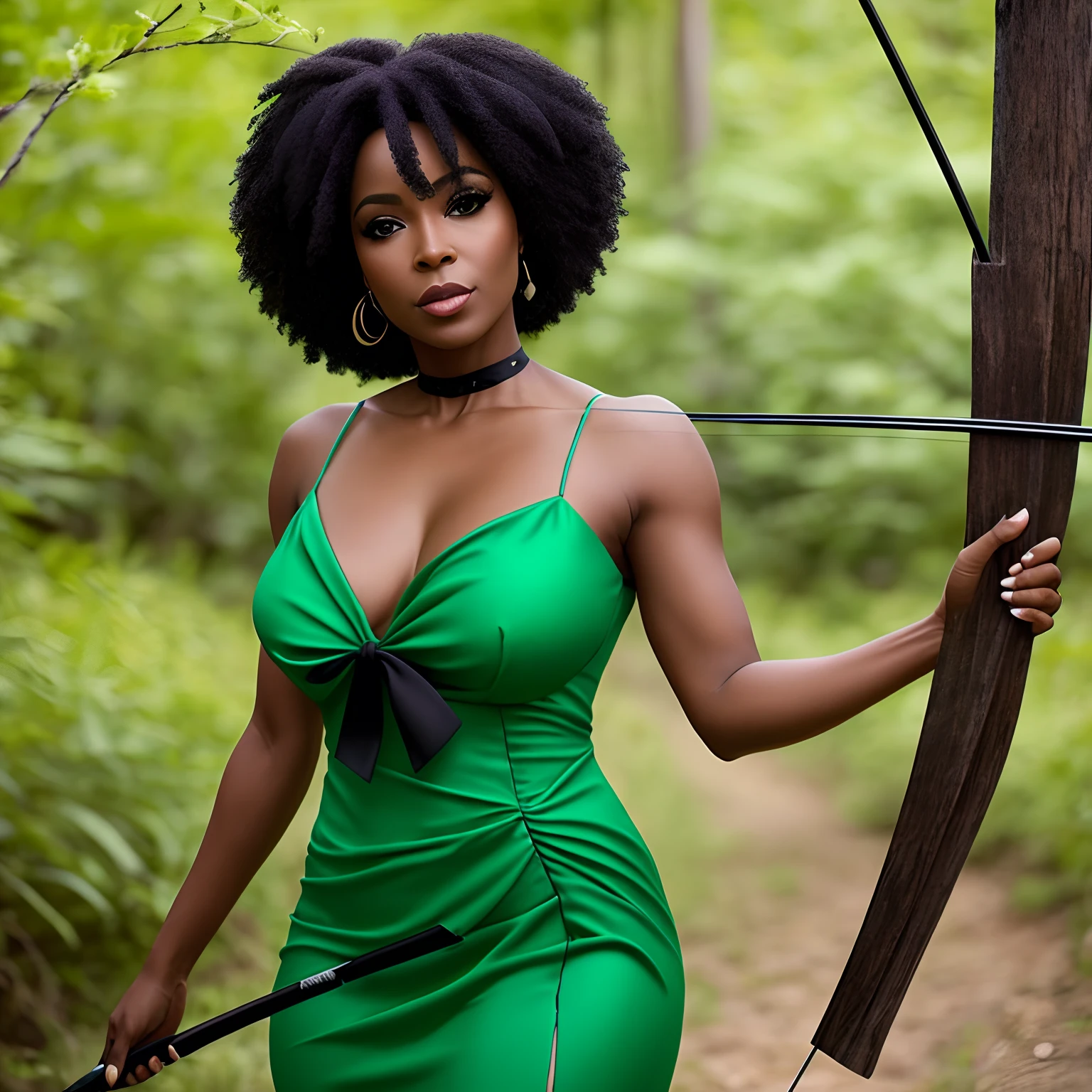 Uma mulher negra de 40 anos,olhos dourados, cabelos lisos e negros presos em um coque elegante, Wearing a sexy and elegant green dress holding a bow and arrow in her hands,no meio de uma floresta
