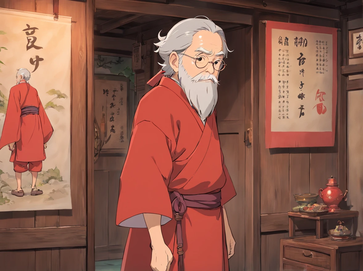 Indoors,The walls are covered with all kinds of production flowcharts and tools。
Red Zhuang costume 15-year-old boy(Boy image:Red clothes,Carry a bag,年轻),are standing。Talk face to face with old men in brown Zhuang clothes。(Image of the old man:brown clothes,Thin and shriveled,Has a long beard,)