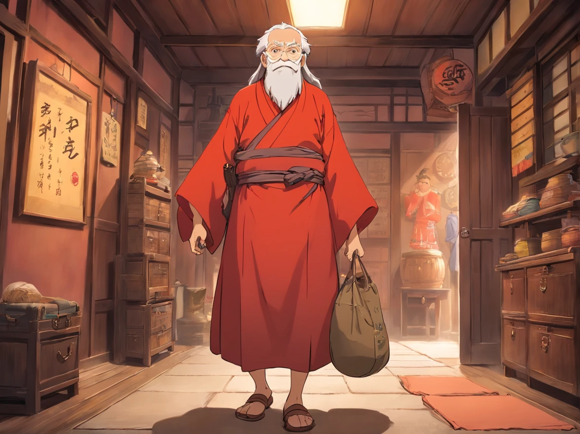 Indoors,The walls are covered with all kinds of production flowcharts and tools。
Red Zhuang costume 15-year-old boy(Boy image:Red clothes,Carry a bag,年轻),are standing。Talk face to face with old men in brown Zhuang clothes。(Image of the old man:brown clothes,Thin and shriveled,Has a long beard,)