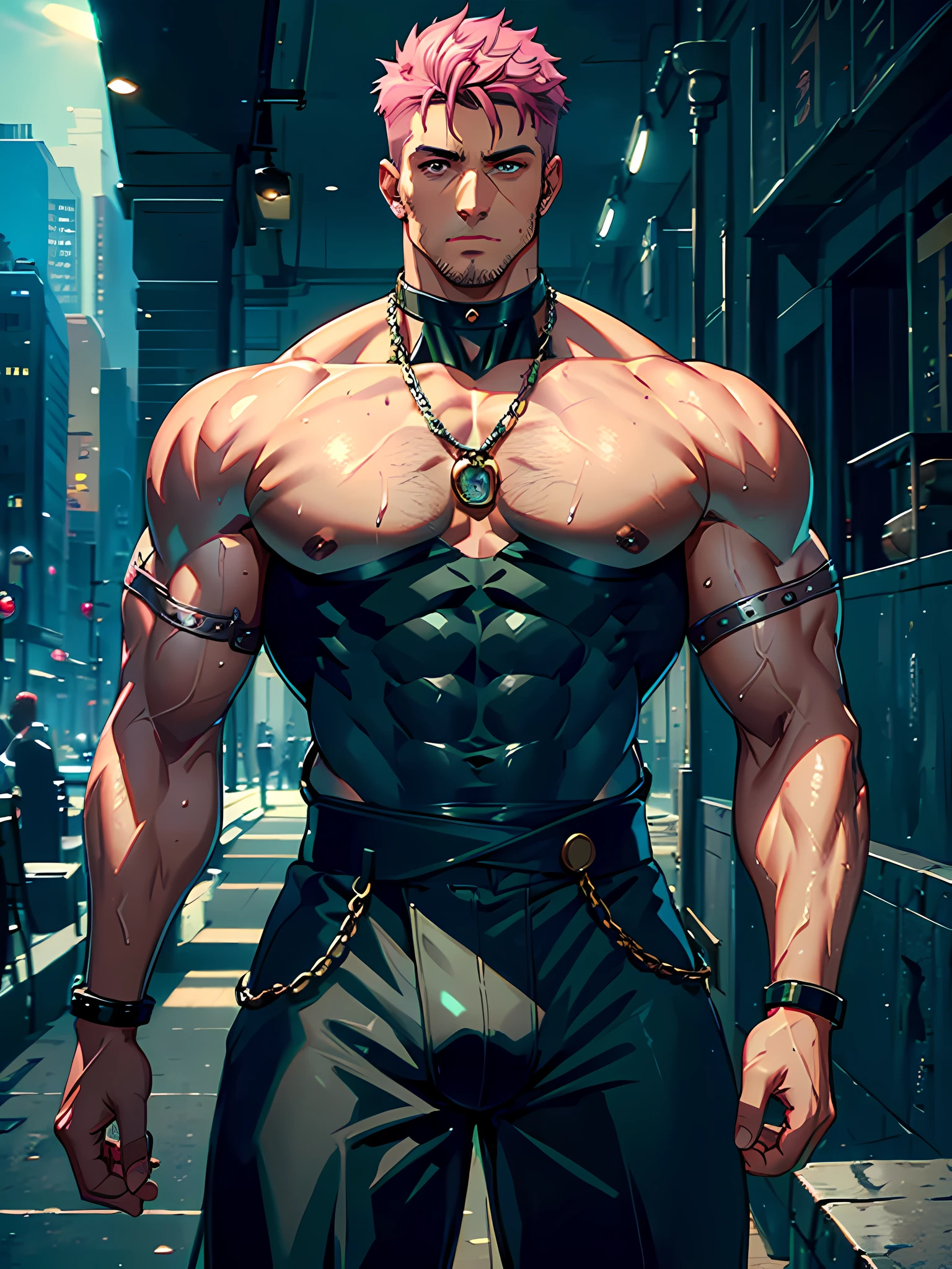 Top quality, Photorealistic, 8K, High Definition, Unity 8K wallpaper, high res, ultra sharp, masterpiece, ((masterpiece)), best quality, intricate details, expressive eyes, perfect face, detailed face, detailed eyes, masterpiece, highly detailed exquisite character art, ultra-realistic, detailed body, detailed pectorals, ((male focus)), big bare pectorals, detailed muscles, big bare pectorals, detailed muscles, bulge, ((1male)) wet, sweaty, drinking water, extremely long pink shaved sides hair, green dreamy eyes, stubble, middle age, daddy, bara, shiny body, bodybuilder male, in a nightclub, clubbing, dancing, latex shining clothing, handcuffs, chains bracelets, lord, god of muscles, deity