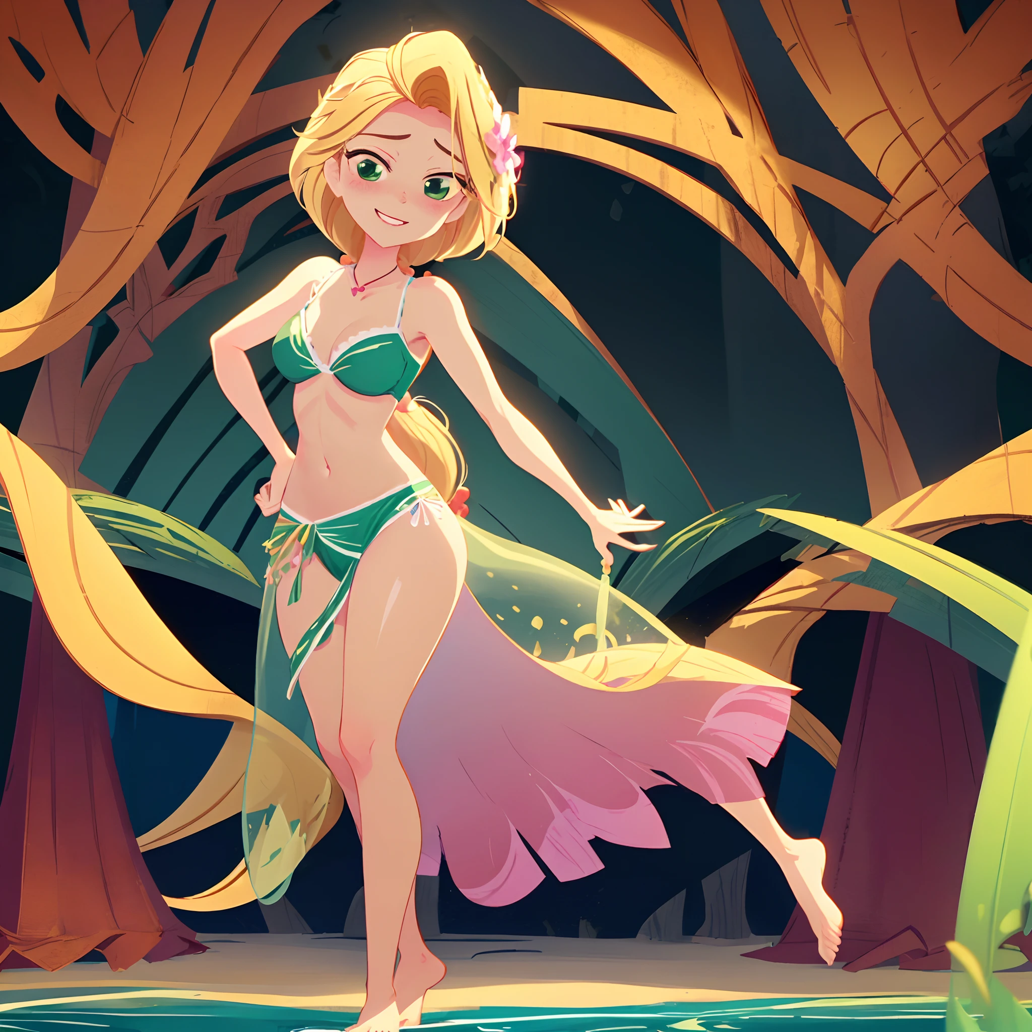 Rapunzel looks the viewer with a cocoquettish expression, batting her seductive green eyes , a teasing smile, and coyishly hides her arms behind her back. Rapunzel playfully crosses her left leg over right, acting shy. The ocean is glistening behind her brilliant figure. Rapunzel is wearing a two piece bikini set, with a long sarong wrap around her bottom and stops above her ankles. The sarong wrap goes all the around and leaves a slit to the right. Her long blonde hair sways in the wind. (Masterpiece: 1), 1girl , solo, (sexy Rapunzel: 1.4), (long blonde hair, blowing wind: 1.5), (sexy facial expressions: 1.6), (teasing smile, seductive green eyes: 1.6), (small bust: 1), (green modest bikini, long sarong wrap: 1.5), (arms and hands coyishly behind her back: 1.6), (pink flowery sarong pattern: 1.2), (Rapunzel's hourglass figure: 1.5), (long bare slender legs, barefoot: 1), (left leg crossed over right: 1.4), (highly detailed: 1.2), (anime features: 1.2), (Cowboy-shot: 1.3), (full-body-shot: 1.5), (soft water background: 1), (beach background: 1), highlighted eyes, sun particles