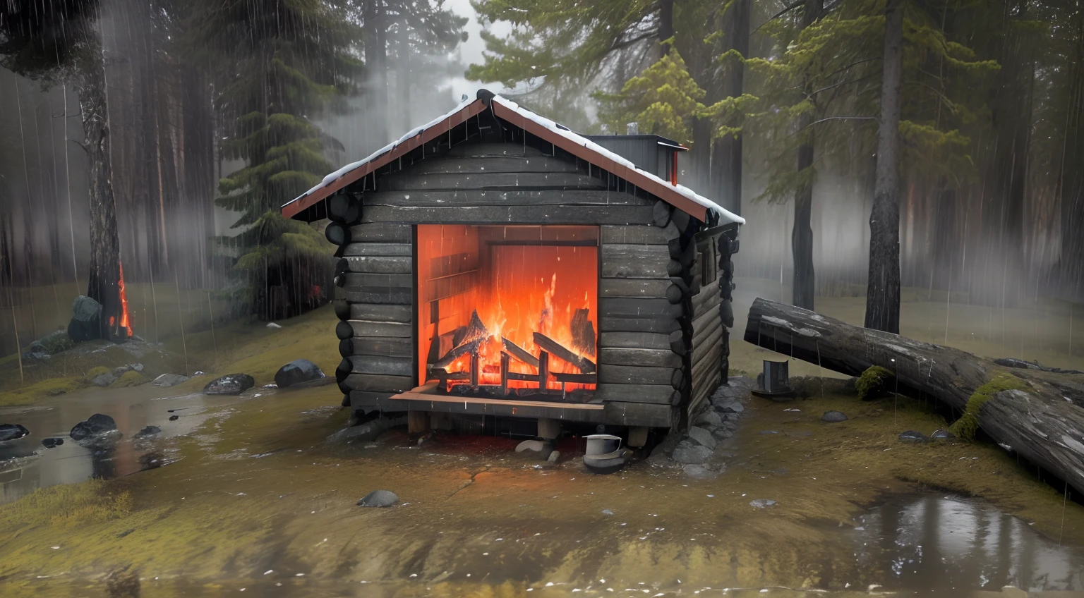 there is a small cabin with a fire in it in the woods, fires!! hyperrealistic, fire raining, cabin in the woods, raining fire, cabin, bathed in the the glow of a fire, erik johansson style, log cabin, octane render. fog, rainy day. game render, inspired by Gregory Crewdson, fire from some windows, fire lit