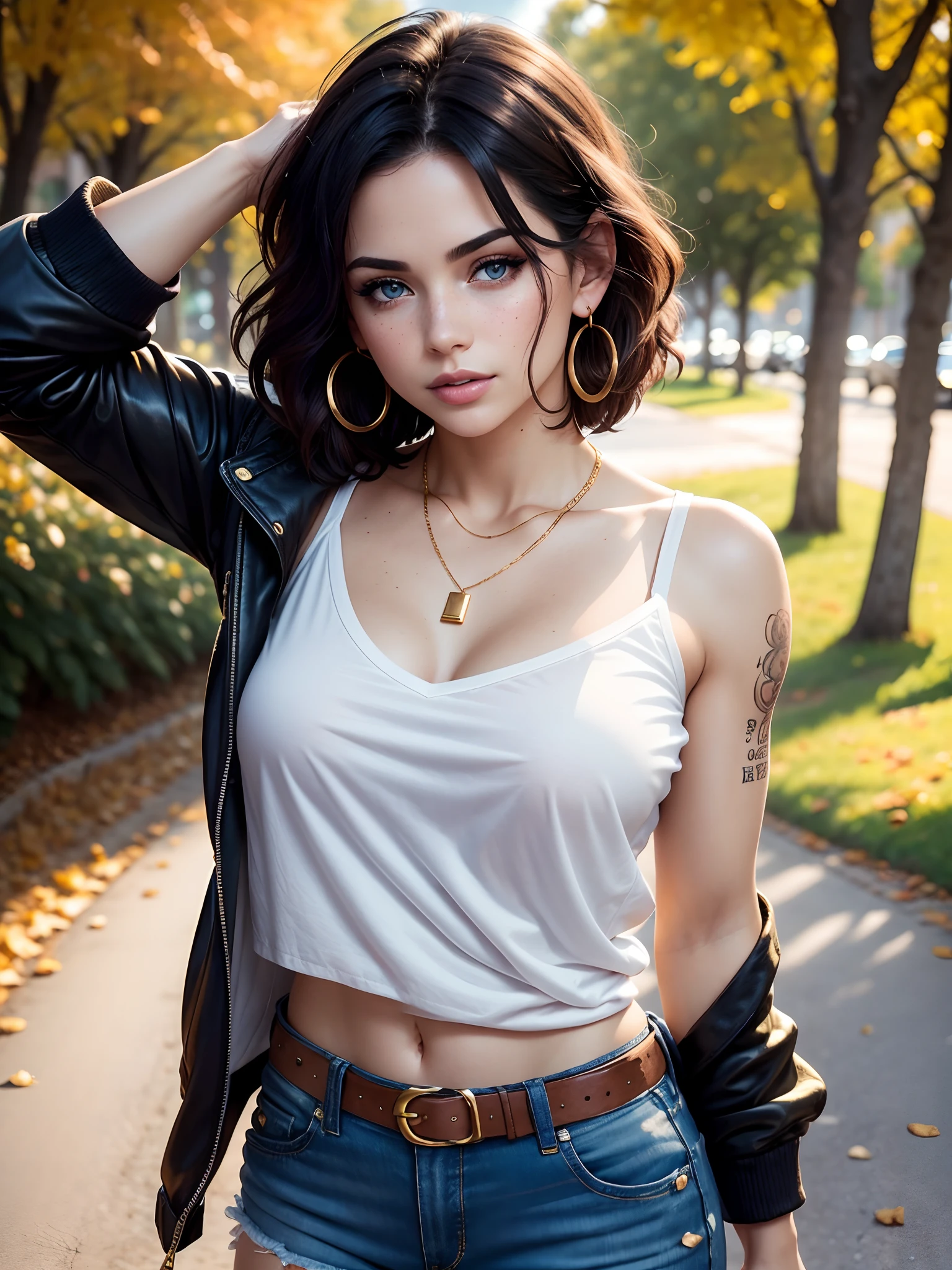 Best Quality, Ultra High Resolution, (Realism: 1.4), Depth of Field, Beautiful Face, (PureErosFace_V1: 0.8), Halfbody, | | 1girl, medium chest, innocent smile, natural makeup, | | | Model pose, | | (massy bun hair, black hair, ((black crop top)) and blue jacket, grass field, pretty, a girl 23 years old, short hair, black pants,((hair tied)(((fullnude))), slim body,