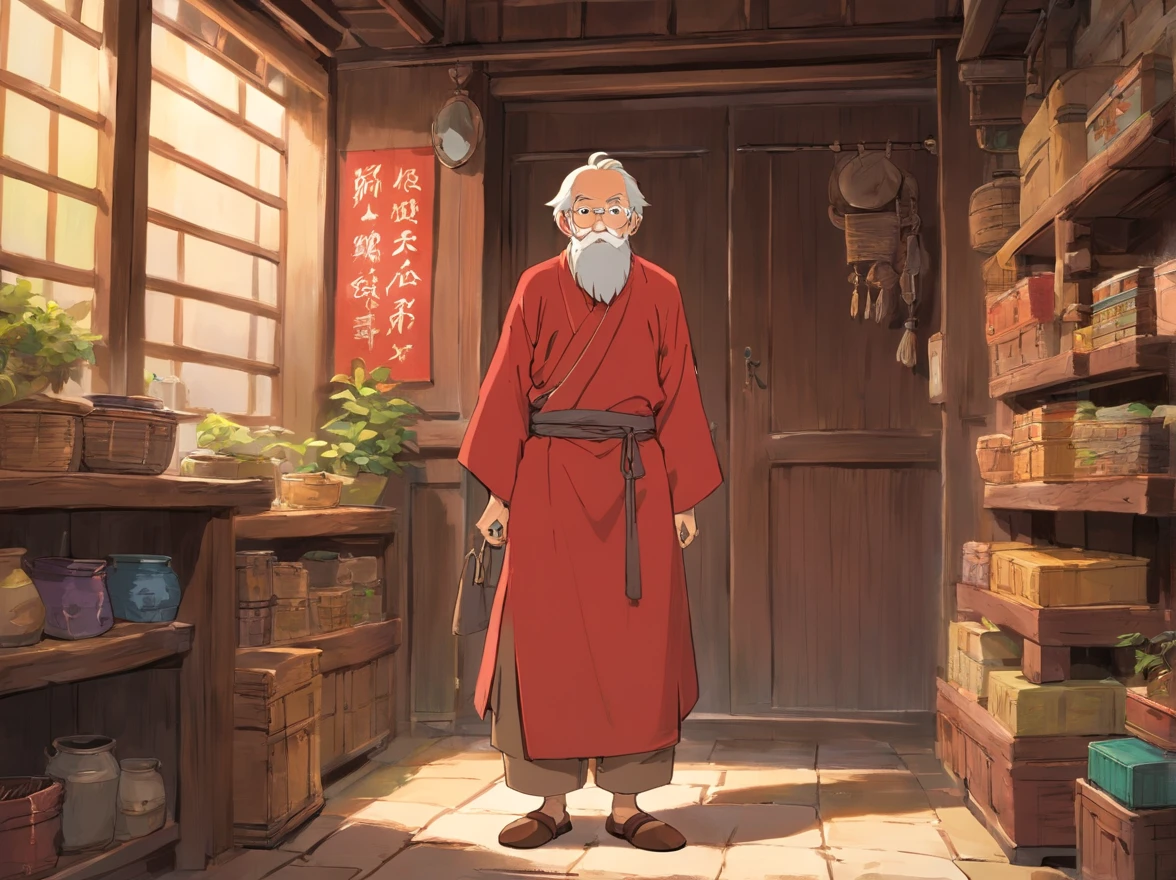 Indoors，The walls are covered with all kinds of production flowcharts and tools。 A -yeld bon red Zhuang clothes stands and talks face to face with an old man in brown Zhuang clothes。（Boy image：Red clothes，Carry a bag，年轻）（Image of the old man：brown clothes，Thin and shriveled，Has a long beard，）