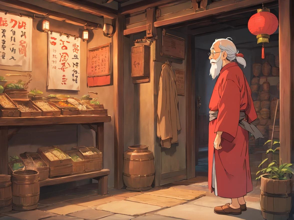 Indoors,The walls are covered with all kinds of production flowcharts and tools。 A -yeld bon red Zhuang clothes stands and talks face to face with an old man in brown Zhuang clothes。(Boy image:Red clothes,Carry a bag,年轻)(Image of the old man:brown clothes,Thin and shriveled,Has a long beard,)