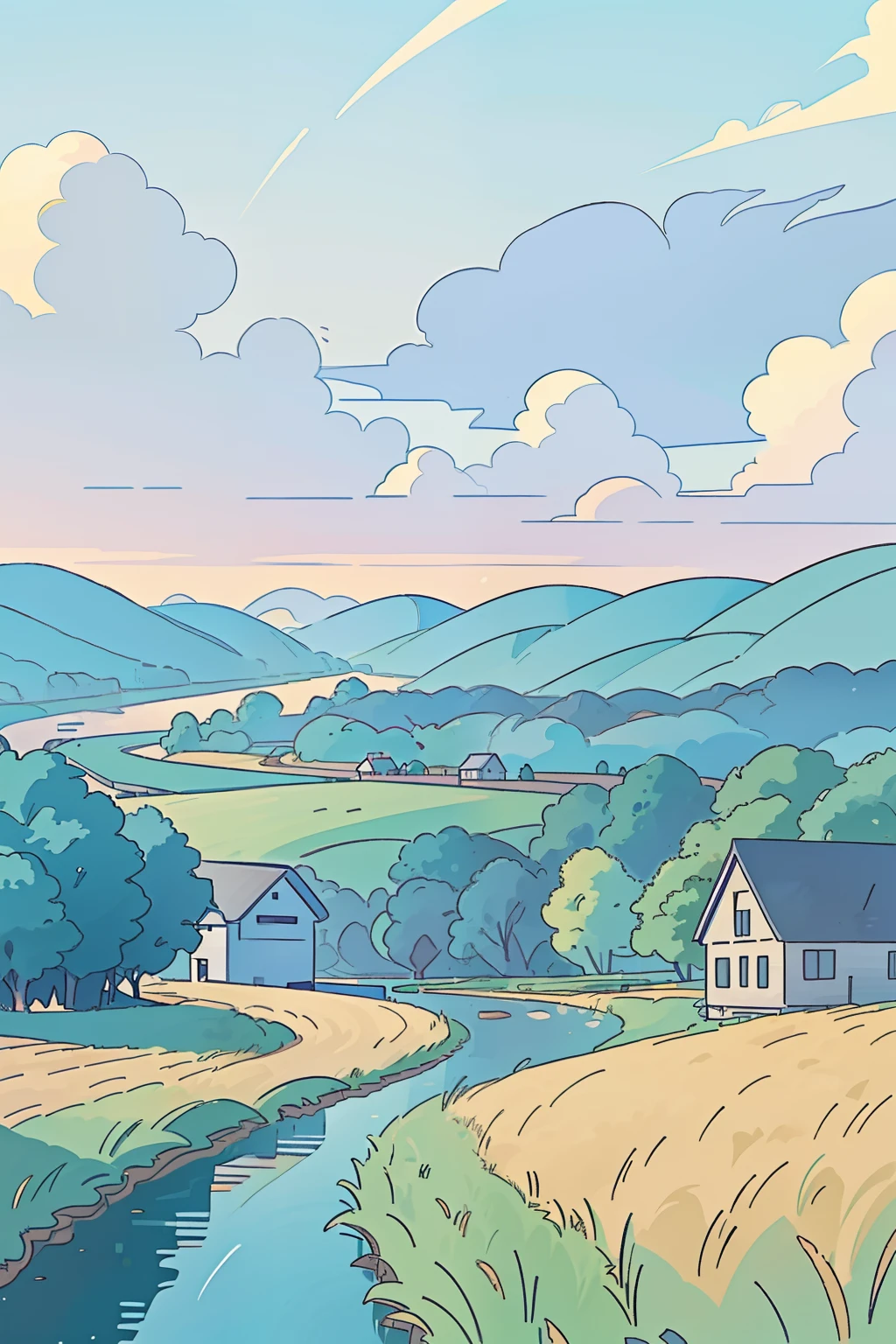 Riverside view,The river is relatively wide,Natural scenery,There are several small houses in the distance,Overlooking,Perfect anime illustration,Blue gradient sky,Thick clouds,Idyllic,zona rural,Golden wheat field with gradient gradient,No Man