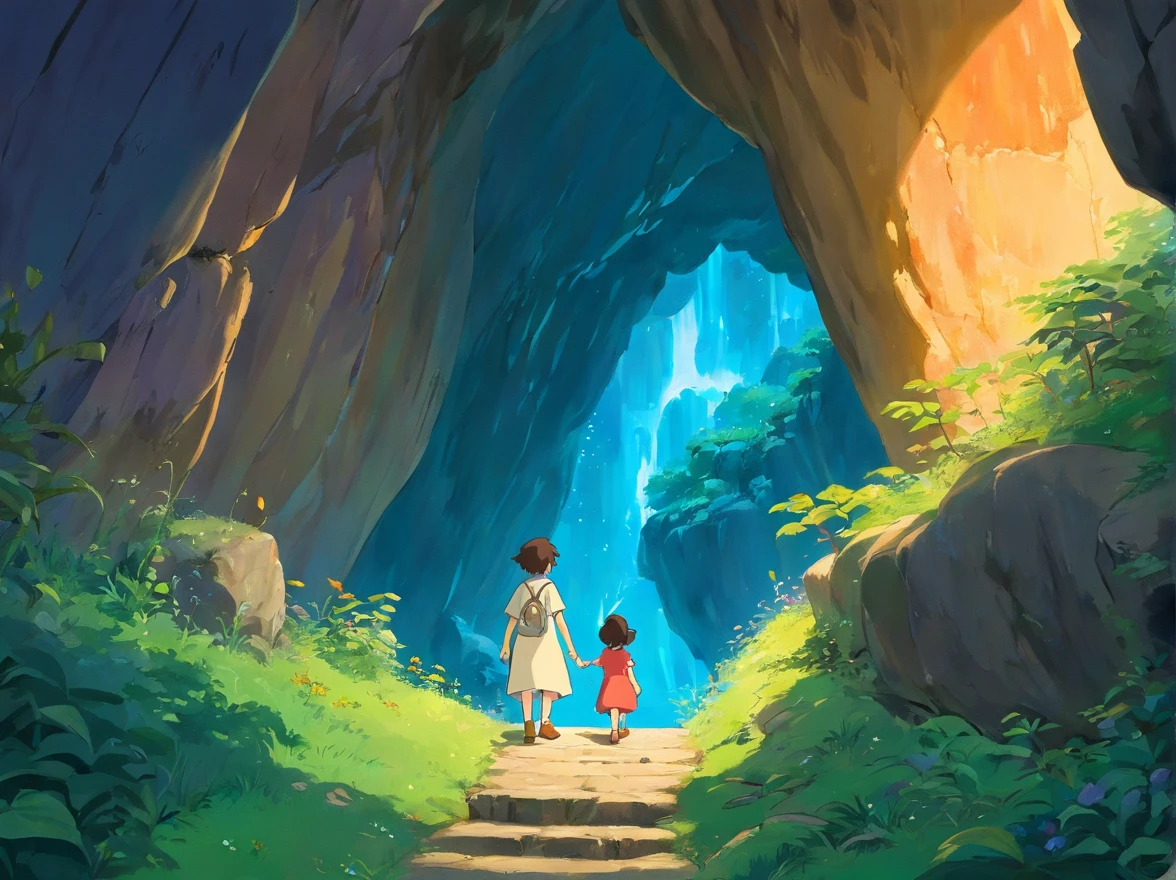 When night falls，The cave emits a soft glow，This moment seems sacred and fantastic。A young boy greeted in the front and a little girl greeted in the front walked into the cave with nervous and excited expressions。The interior of the cave is illuminated by light，It reveals a mysterious atmosphere。