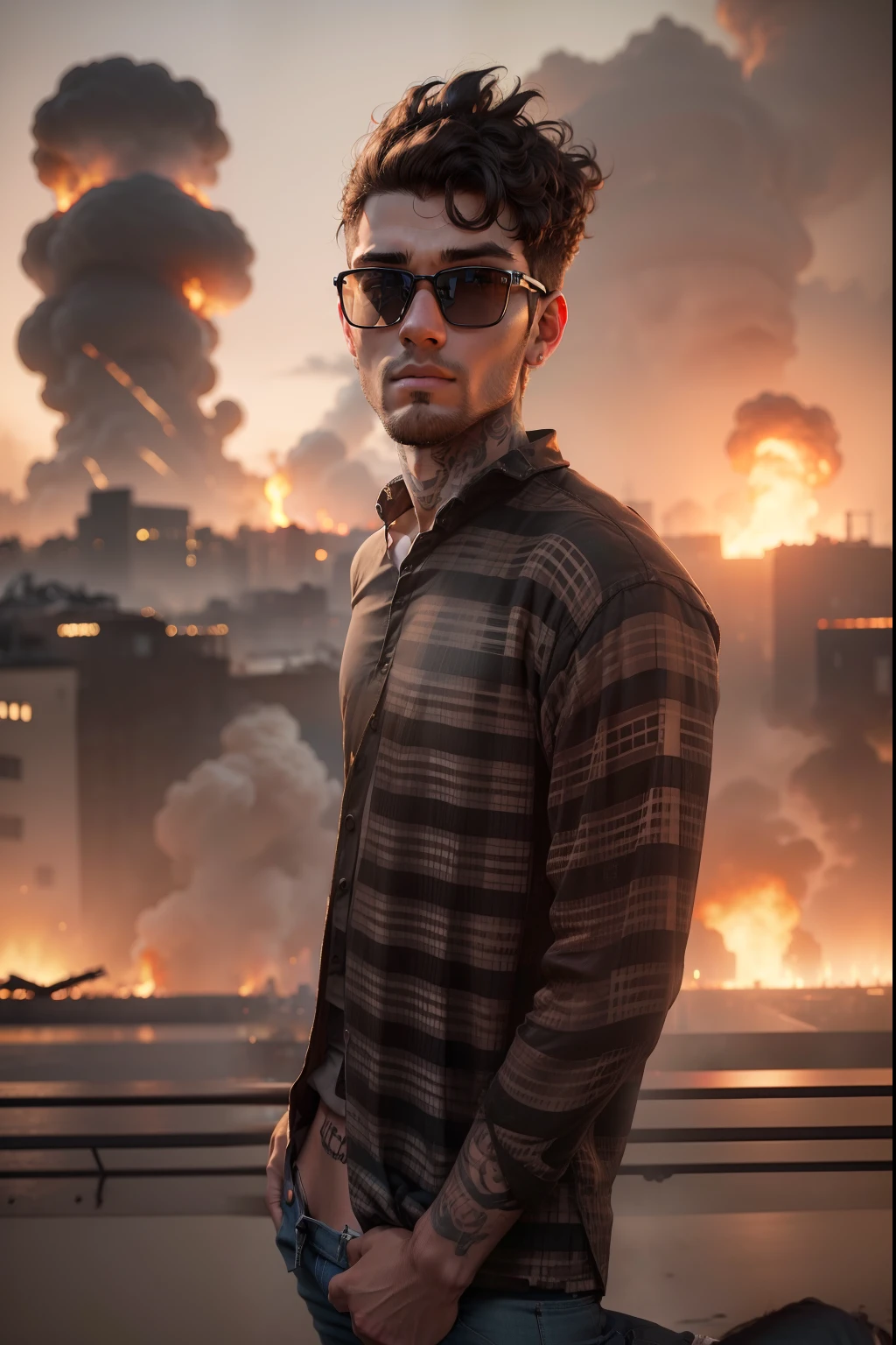 25 yo guy, with brown short curly hair, tattoed arms, black tshirt and jeans, seen by his back, watching Turin city completely destroyed with flames, enormous atomic bomb explosion in the background, 8k, ultra realistic, masterpiece