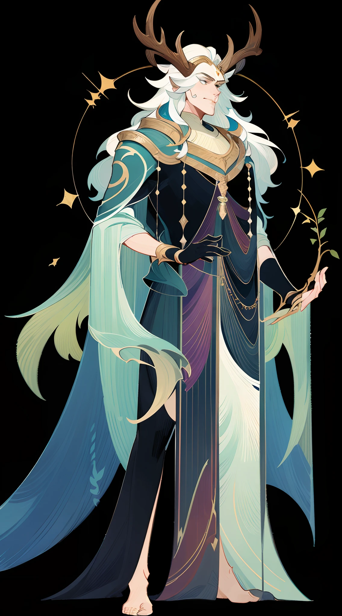 1 Handsome male god, nature druid, fantasy concept art, deer antlers, a druid, God of the forest,Clear facial features，Simple line design，Transparent background, standing full-body，Solo, (tmasterpiece，top Quority，best qualtiy，超高分辨率，Clear facial features)