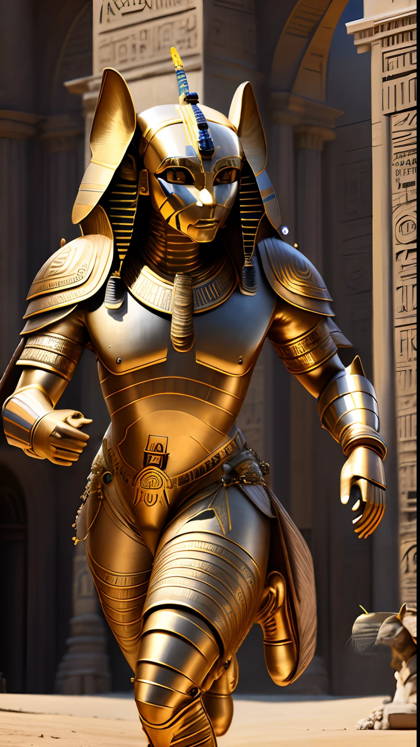 Animalrizz (( sphinx )) 10, masterpiece, highres, Absurd,photorealistic portrait, Parley_armature,Egypt, Mummies in armor ,Wear Parley_armature, Massive futuristic armor, running, move,
