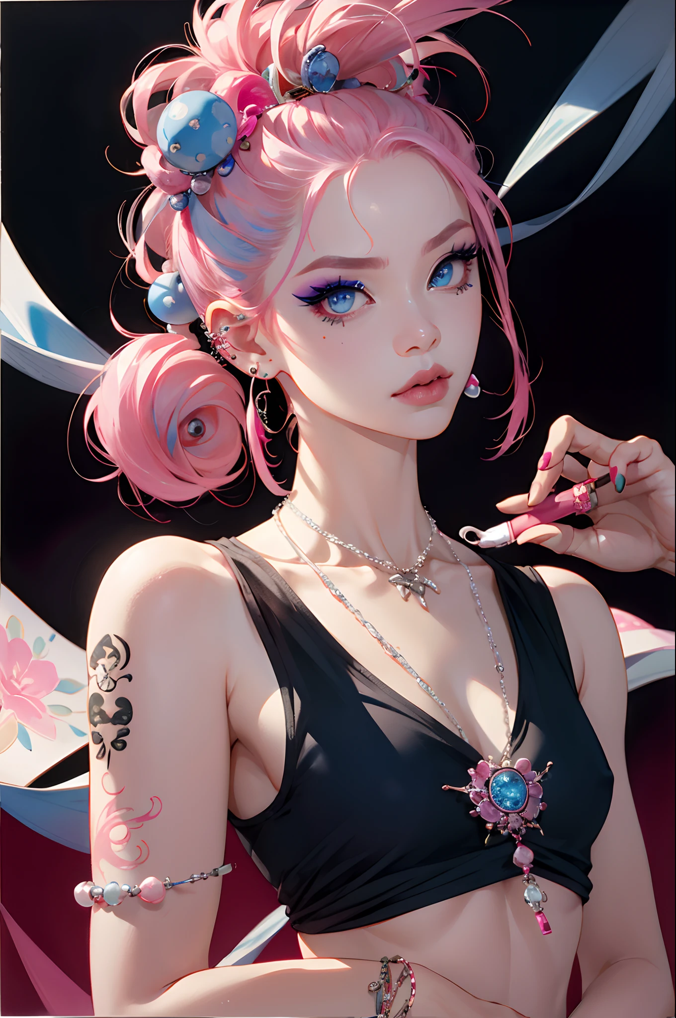 1girl, 独奏, jewely, animesque,piercings, 耳Nipple Ring, Pink hair,a necklace, blue eyess, ear piercings, Fashionable hairstyle,The tattoo, make - up, Traditional media, s lips,Chicano,Cool,kawaii