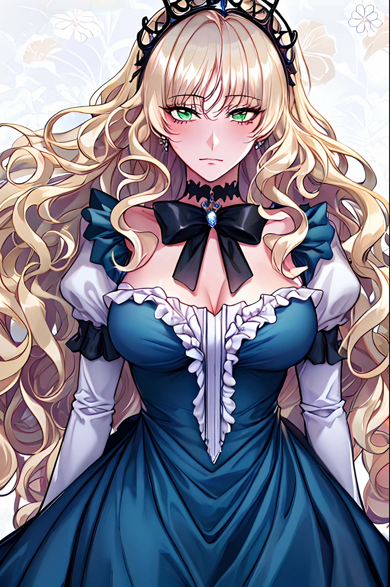 shoujo-style, (floral background, romance manhwa), 1girl, blonde hair, solo, long hair, flower, dress, tiara, white dress, gloves, long sleeves, choker, green eyes, white gloves, black bow, black flower, wavy hair, bow, jewelry, looking at viewer, white background, collarbone, puffy sleeves, silver accessories, upper body, parted bangs, very long hair, blue dress, frills, bangs, closed mouth, (close up),