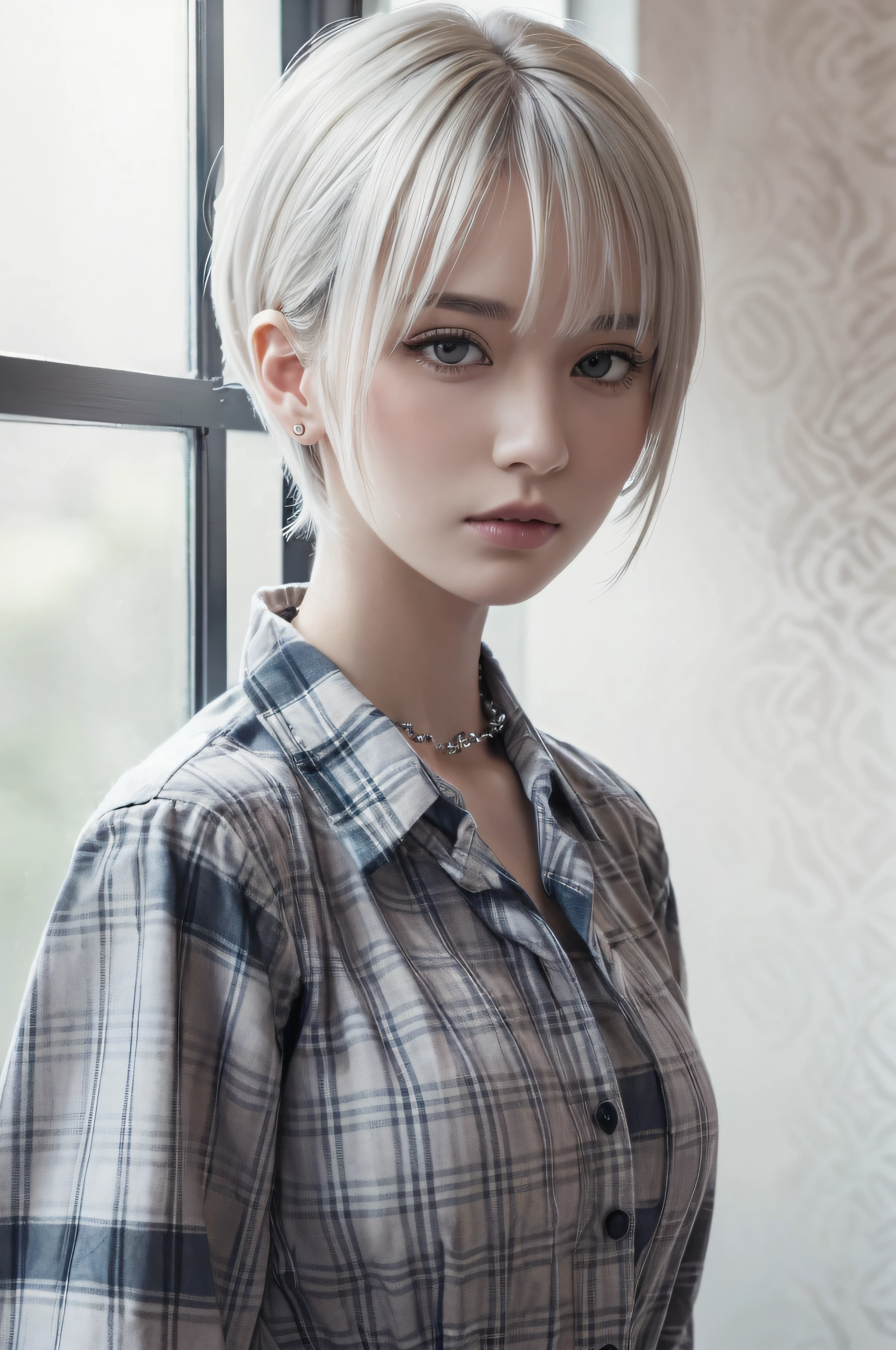 (((extremely fine and beautiful, perfect detail, Ultra Detail))), Whole body, The most detailed girls, depthoffield, Cool pose, beautiful detailed fullbody, neat figure, 1 rapariga, 30 years old, Very short hair, spiked hair, White and silver hair, beautiful detailed hair, Perfect face, deadpan, beautiful detailed deep eyes, Slightly open mouth, Delicate arm and hands, flat chest, pale skin, Piercing, Beautifully gorgeous necklace, Colorful background, HD Backgrounds, Blurry background, extremely delicate and beautiful, Best Masterpiece, (((best qualtiy, very fine 8KCG wallpaper))),(((Posing like a model))),(((Trendy hairstyles,Trendy fashion,Checked shirt,With collar,long-sleeve,Close button))),(inside in room,Stylish interior,window),