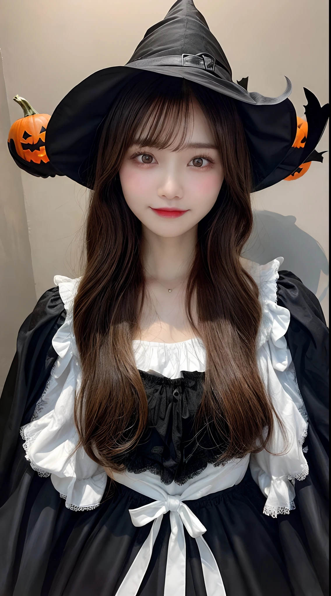 Jack O'Lantern、fancy dress、(((Halloween)))、Halloween Costumes、Lolita、((top-quality、8K、​masterpiece:1.3))、foco nítido:1.2、photographic quality、A Japanese Lady、独奏、real looking skin、Lifelike face、brown haired、camera、full body Esbian、Lashes、Tear bag、A smile、sixteen years old