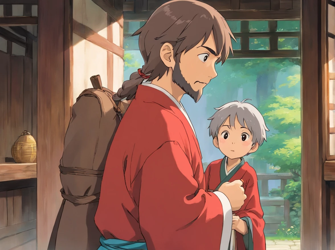 A -yeld bon red Zhuang clothes stands and talks face to face with an old man in brown Zhuang clothes。(Boy image:Red clothes,Carry a bag,年轻)(Image of the old man:brown clothes,Thin and shriveled,Has a long beard,)Indoors,The walls are covered with production flowcharts and tools。