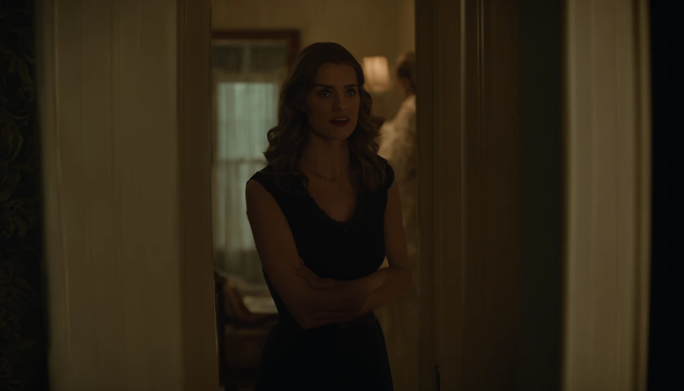 Generate an image of Emily standing before a mirror, her expression twisted in terror. Her wide-eyed gaze is locked on her reflection in the mirror, which grins back at her with a macabre smile, revealing sharp teeth. The atmosphere is charged with fear and unease, with shadows dancing on the walls as the room darkens. The eerie silence amplifies the tension, capturing the haunting moment when Emily confronts her malevolent reflection in the mirror.