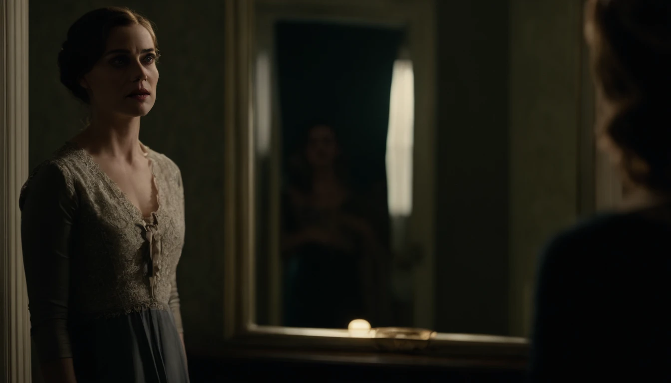 Generate an image of Emily standing before a mirror, her expression twisted in terror. Her wide-eyed gaze is locked on her reflection in the mirror, which grins back at her with a macabre smile, revealing sharp teeth. The atmosphere is charged with fear and unease, with shadows dancing on the walls as the room darkens. The eerie silence amplifies the tension, capturing the haunting moment when Emily confronts her malevolent reflection in the mirror.