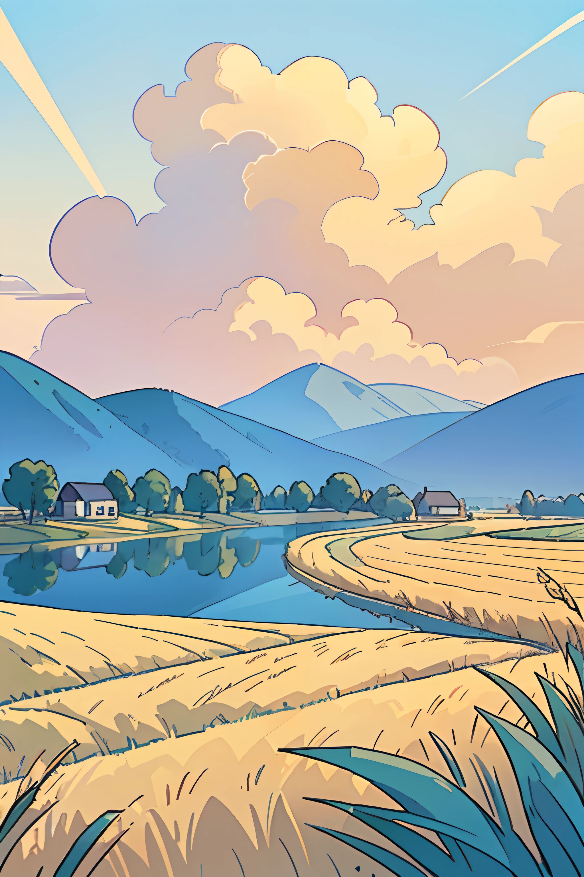 lake scene,Natural scenery,small houses,Perfect anime illustration,Blue gradient sky,Thick clouds,Idyllic,zona rural,Golden wheat field with gradient gradient,No Man,More layered golden wheat fields,hyper realisitc,Dynamic,Sunlight shines