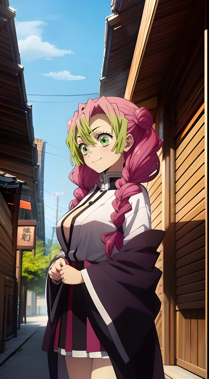 Mitsuri Kanroji, demon slayer, cidade, (masterpiece:1.1), (highest quality:1.1), extreme quality, detailed face+eyes, (colorful:0.8), masterpiece, 8k, tone mapping, hyper focus,