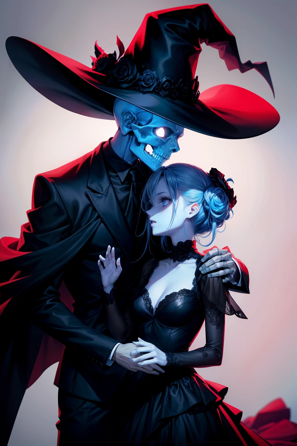 Blue-eyed skeletal skull wearing a black suit and black hat dancing with a woman dressed in red
