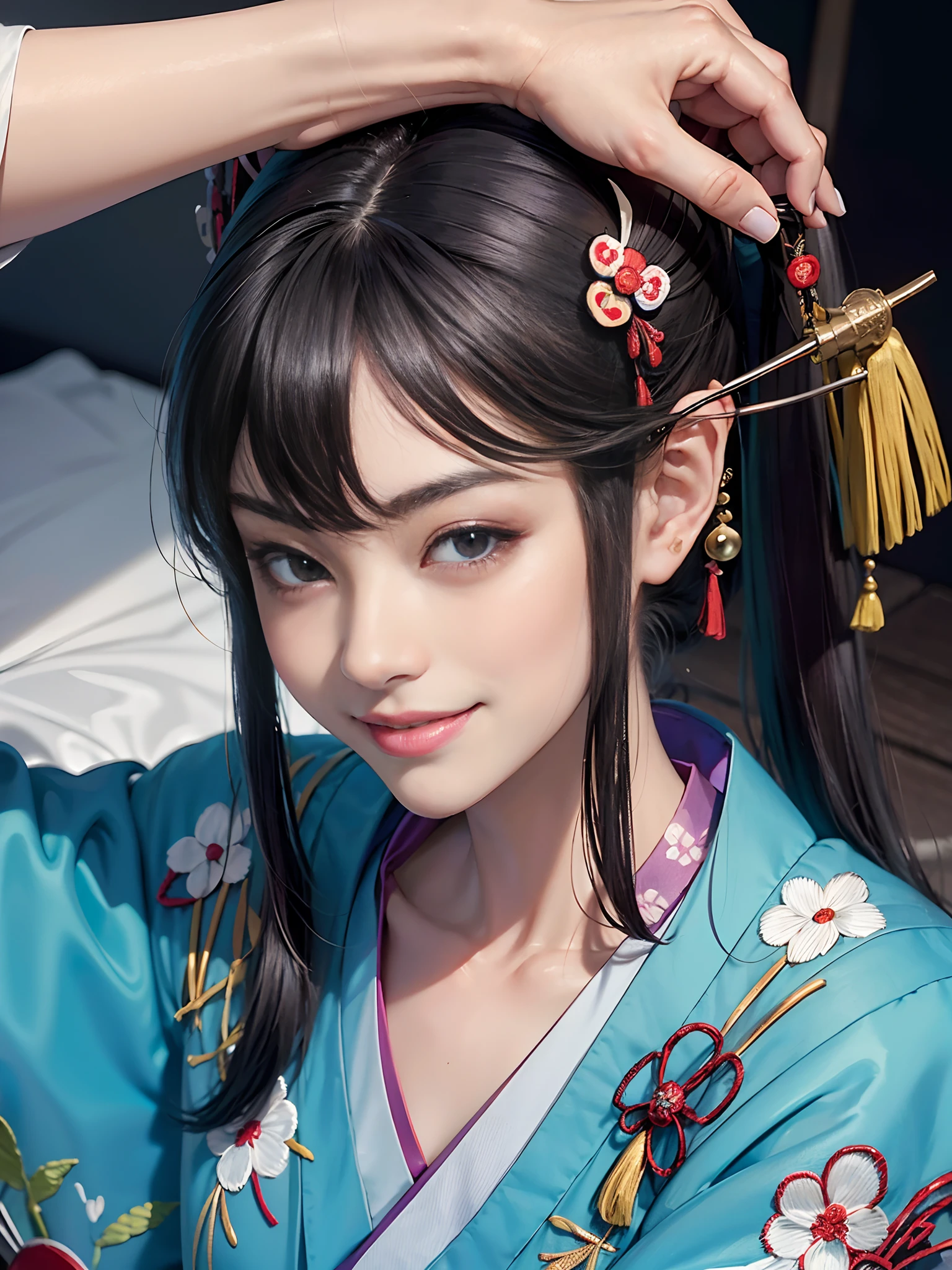 (rokoko:1.5),Background of details(Lying in bed),BREAK ,elaborate costume(Luxury kimono(Colorful kimono(detailed embroidery(Yokai embroidery)))),BREAK,(1 Beautiful and classy adult woman(Shy smile:1.5)(Japanese actressl:1.2)(glossy dark hair(poneyTail:1.2))),(eye glass(four corners:1.2)),(Have a soft-serve ice cream),BREAK,Wallpapers 16K,Blur the background,(masutepiece:1.5),(Best Quality:1.5),(Portrait photos:1.5),full bodyesbian