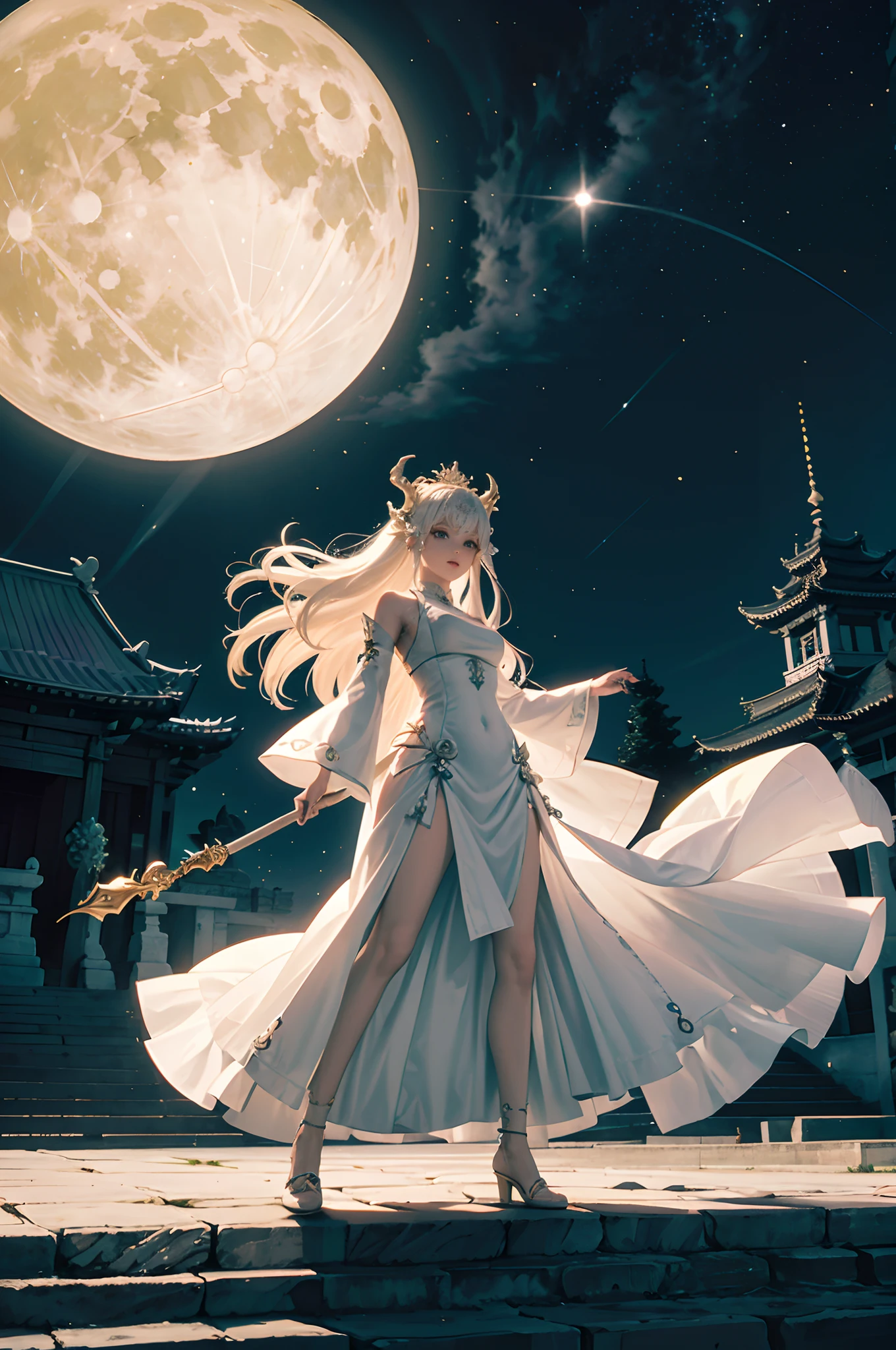 Hyper-photo 3D witch,white traditional dress,Holding a dragon-shaped staff,Join the temple in the background,Green mountains,full bodyesbian,The face and body are front,The moon hangs high in the night,Nine stars in a row,Head ornaments