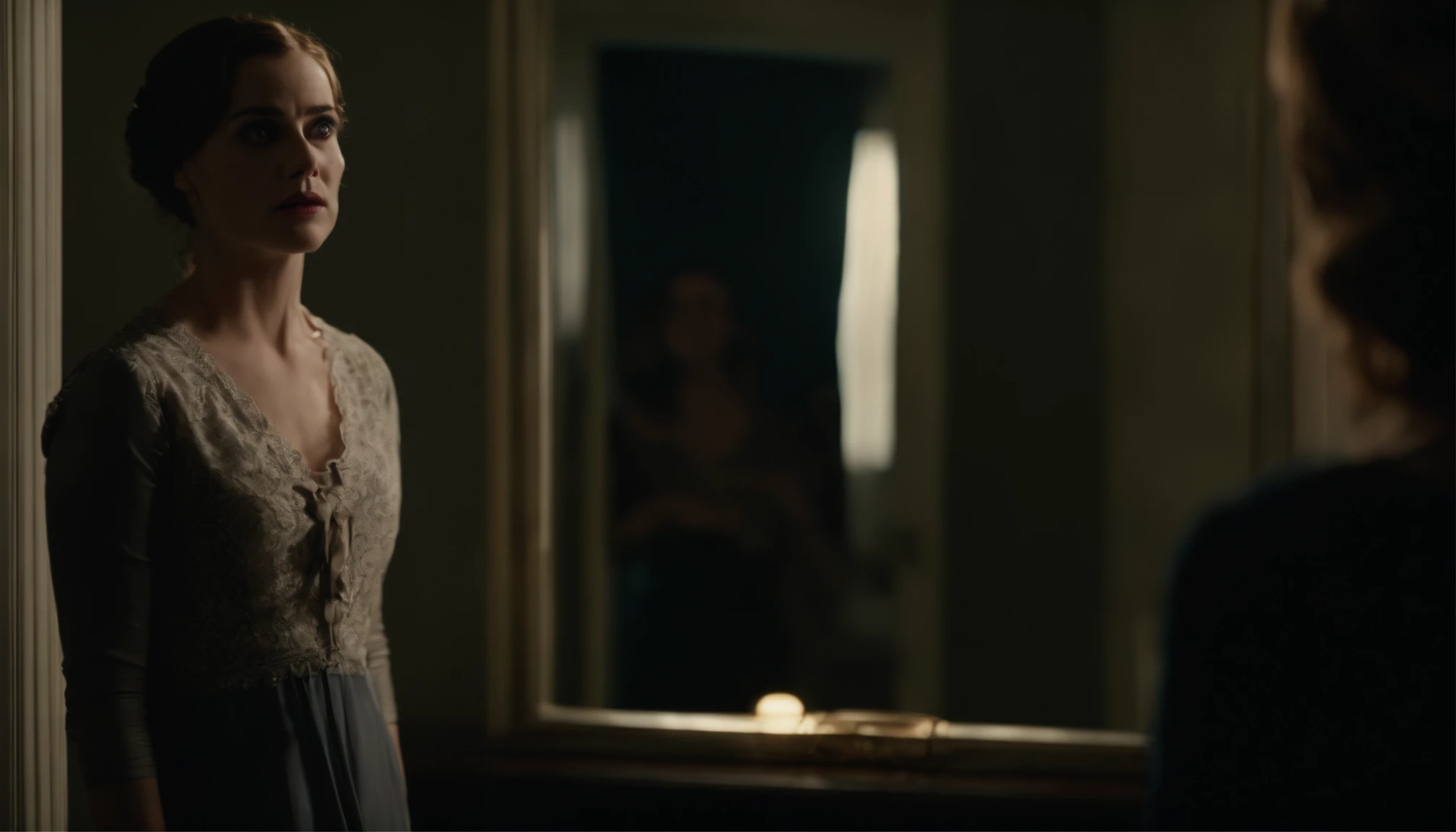 Generate an image of Emily standing before a mirror, her expression twisted in terror. Her wide-eyed gaze is locked on her reflection in the mirror, which grins back at her with a macabre smile, revealing sharp teeth. The atmosphere is charged with fear and unease, with shadows dancing on the walls as the room darkens. The eerie silence amplifies the tension, capturing the haunting moment when Emily confronts her malevolent reflection in the mirror.