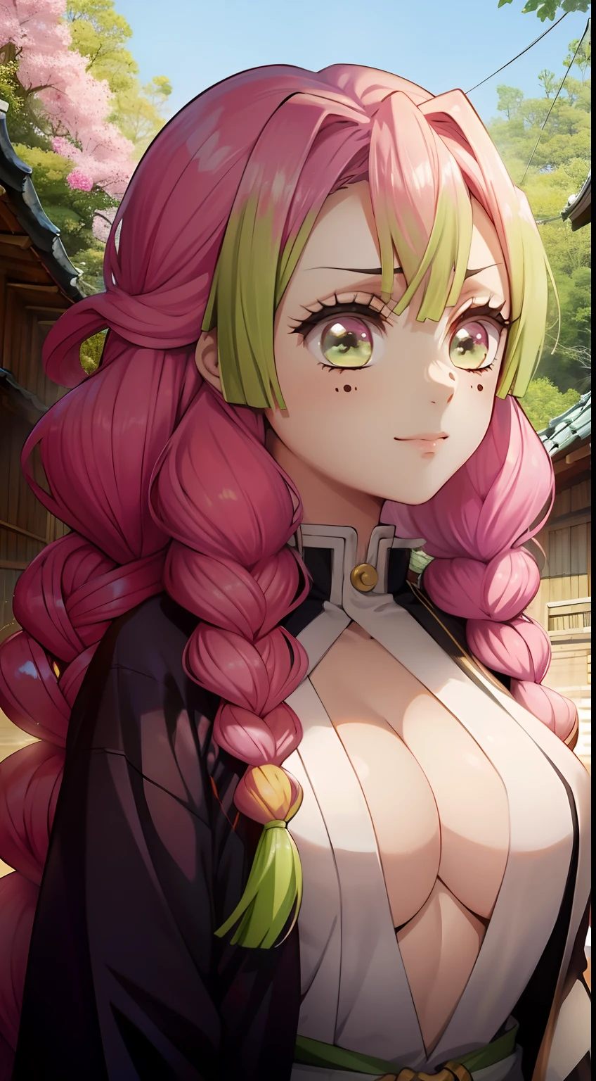 a 1girl, woods, Japanese Village, luna, the night, beautiful big breasts, rose hair, bright green color at the ends of the hair,  MitsuriKanroji,stands in full growth,  (Body Full 1:1), Dazzling, smil, pectorals, In art: Demon Slayer, Demon Slayer Art Style, demon slayer rui fanart, badass anime 8 k, Demon Slayer, Anime Key Art, 4 k manga wallpapers, kimetsu no yaiba, anime wallaper, Ultra Transparent, Ultra Detailed, very extremely beautiful, anime epic artwork, Anime Art Wallpapers 8K, Local Art & epic composition, very extremely beautiful, beautiful breasts, old Japan, (tmasterpiece, beste-Qualit),