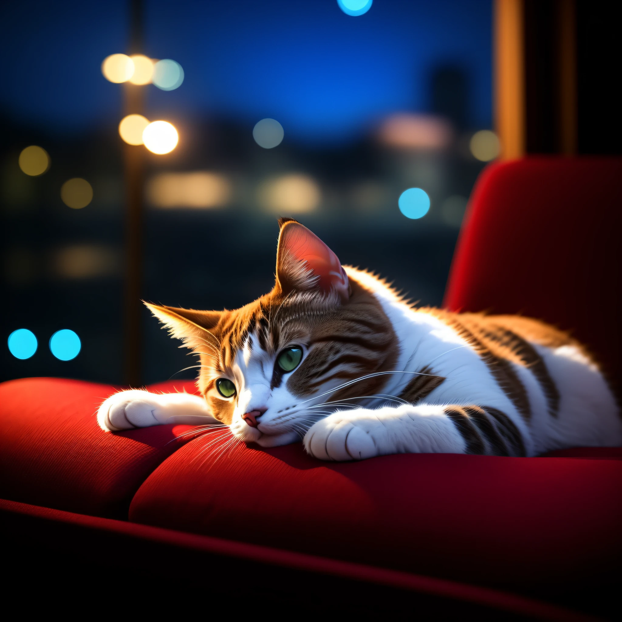 There was a cat lying on a red sofa, cats sleeping, relaxing after a hard day, relaxing mood, relaxing atmosphere, comfortable atmosphere, cozy wallpaper, relaxing on the couch, Cat sleeping in window, Thoughtful ), relaxing on the couch, dreamy night, it's night time, resting on a tough day, cat photography, BREAK BREAK BREAK, Relaxing environment 8K,Cute cat,nighttime scene,There are desk lamps,Cute cat cat,Different expressions
