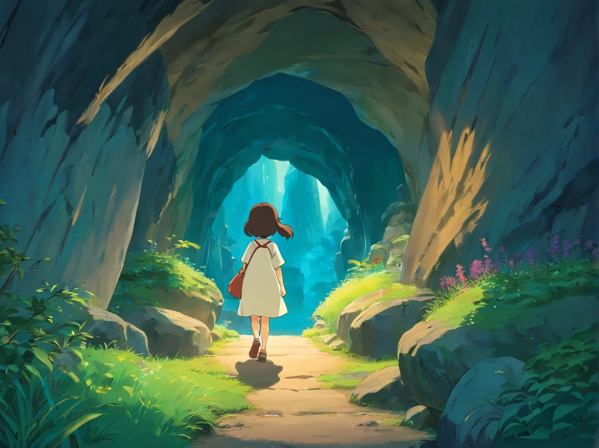 When night falls,The cave emits a soft glow,This moment seems sacred and fantastic。A young boy greeted in the front and a girl greeted in the front walked into the cave with nervous and excited expressions。The interior of the cave is illuminated by light,It reveals a mysterious atmosphere。