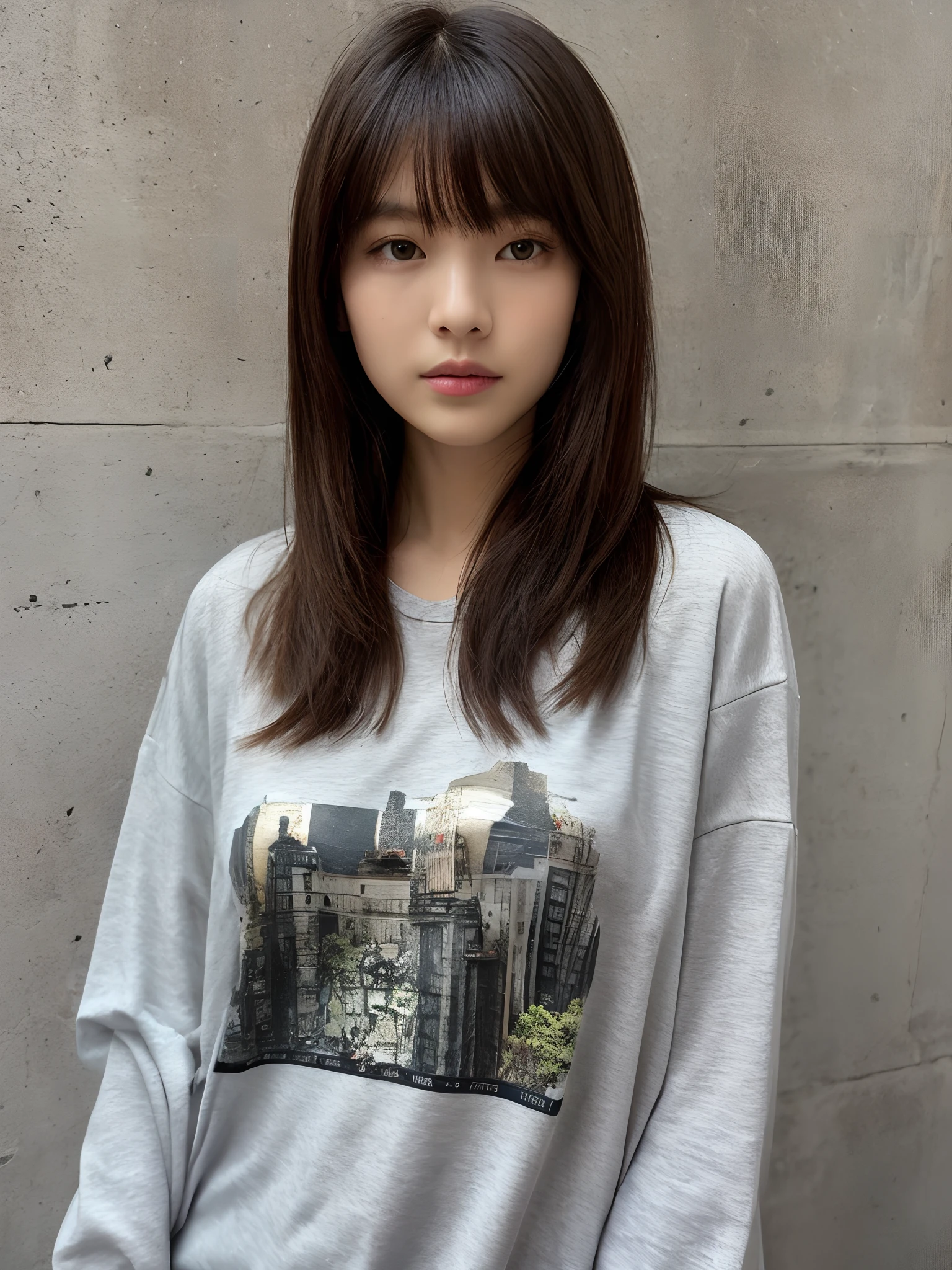 top-quality、超A high resolution、(Photorealsitic:1.4)、女の子1人、、small tits、、、A Japanese Lady、Looking at the camera、long Sleeve T-Shirt、Concrete background、Facing the front、is standing、a blond、Woman in her late teens、Light bangs、semi long hair、Salon model style、Natural look、Leaning against the wall