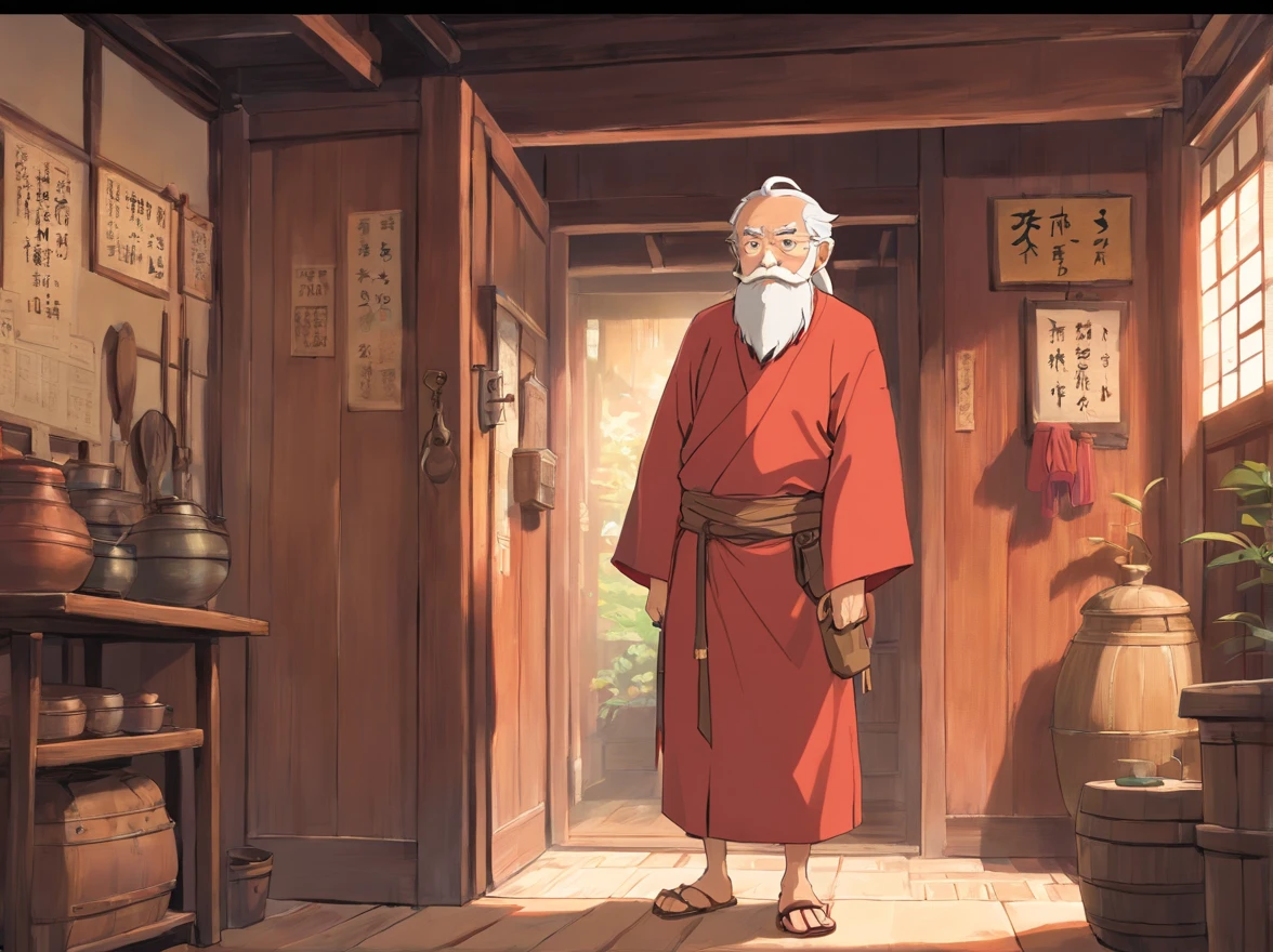 Indoors，The walls are covered with production flowcharts and tools。
Red Zhuang costume **-****-*** boy standing and old man in brown Zhuang clothes，Indoors，Talk face to face together。（Boy image：Red clothes，Carry a bag，年轻）（Image of the old man：brown clothes，Thin and shriveled，Has a long beard，）