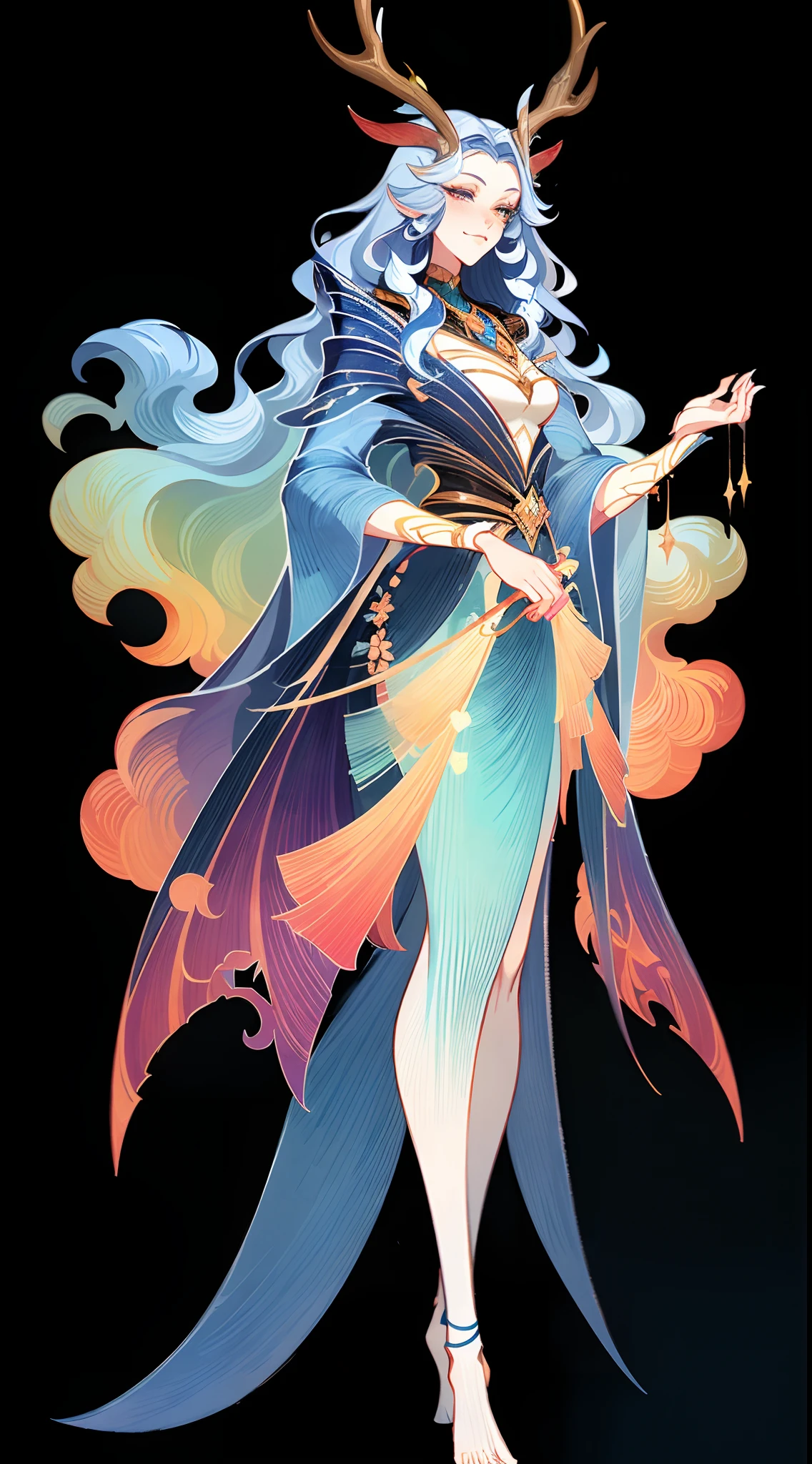 1 beautiful goddess, nature druid, fantasy concept art, deer antlers, a druid, God of the forest,Clear facial features,Simple line design,Transparent background, standing full-body,Solo, (tmasterpiece,top Quority,best qualtiy,超高分辨率,Clear facial features)