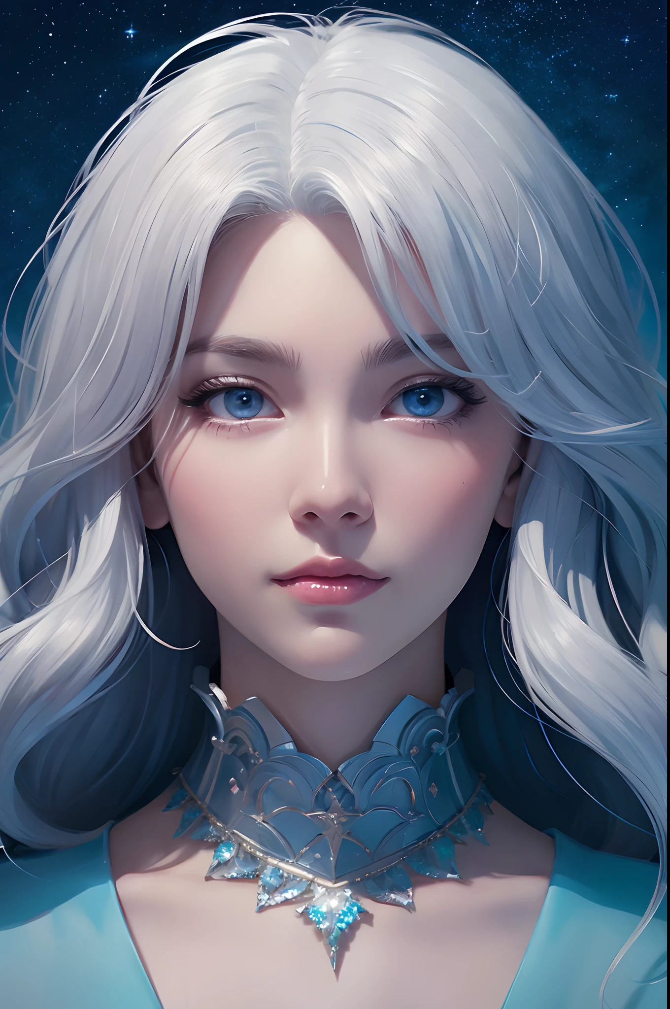 An extremely beautyful ice witch, perfect mesmerizing blue eyes, looking to the camera, close up