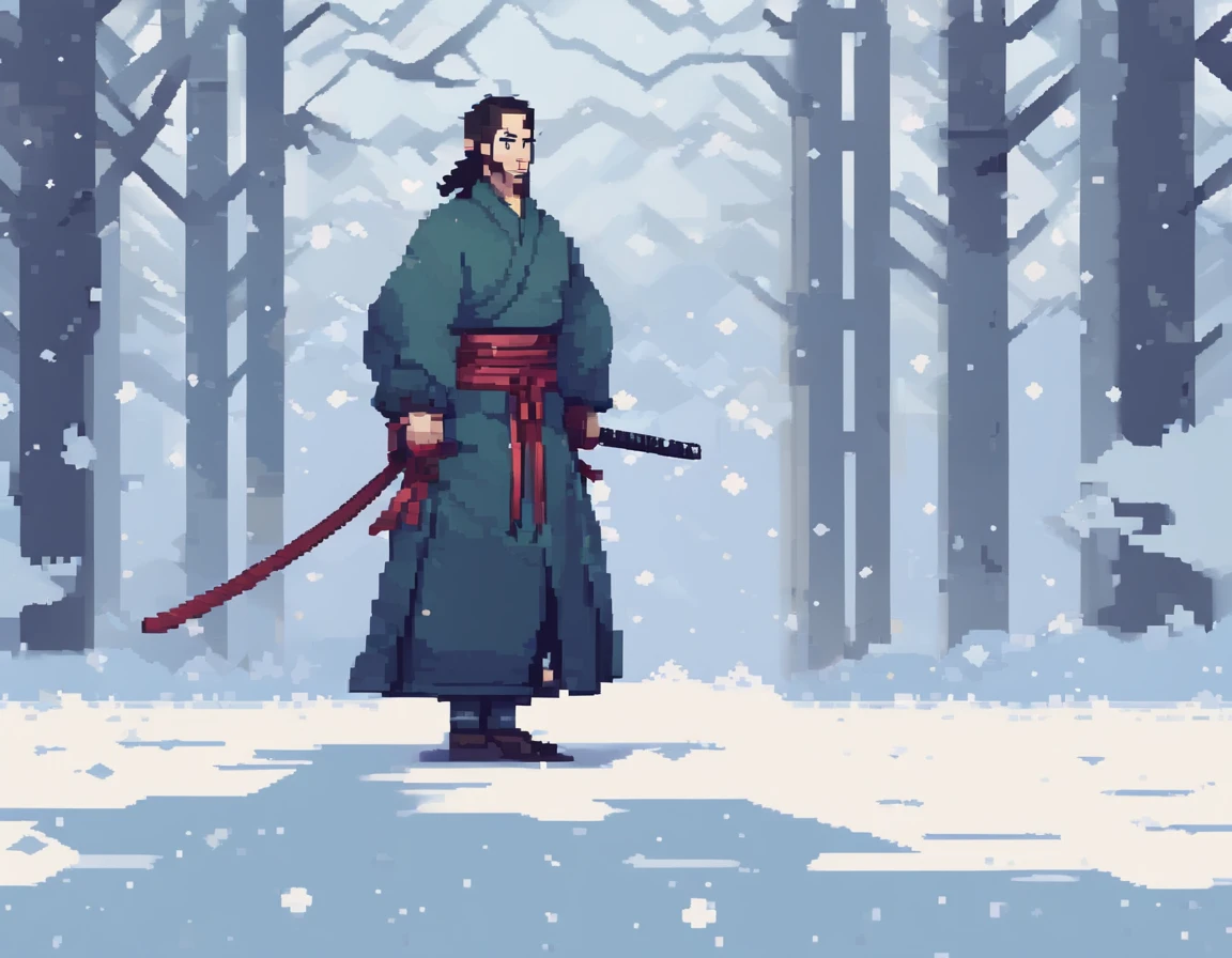 a man waering hanfu with a sword in the snow