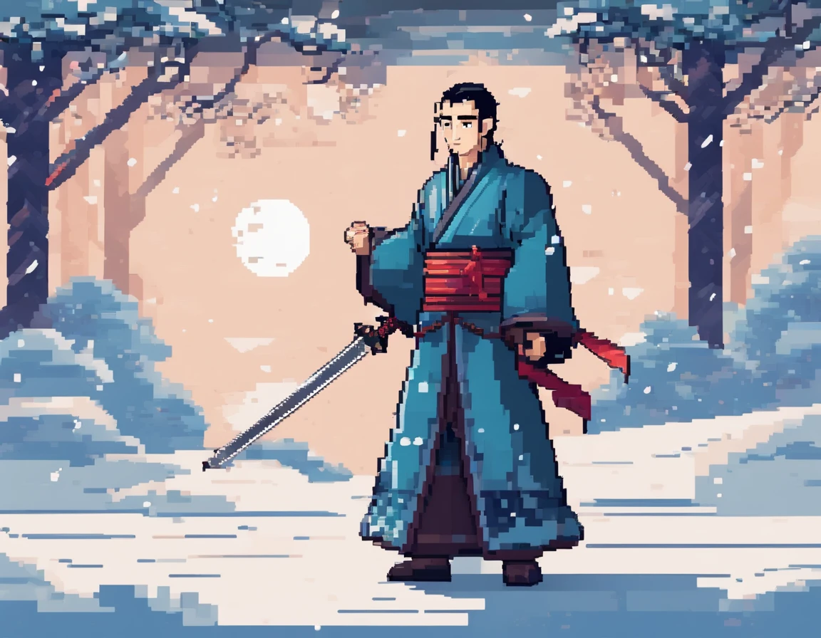 a man waering hanfu with a sword in the snow