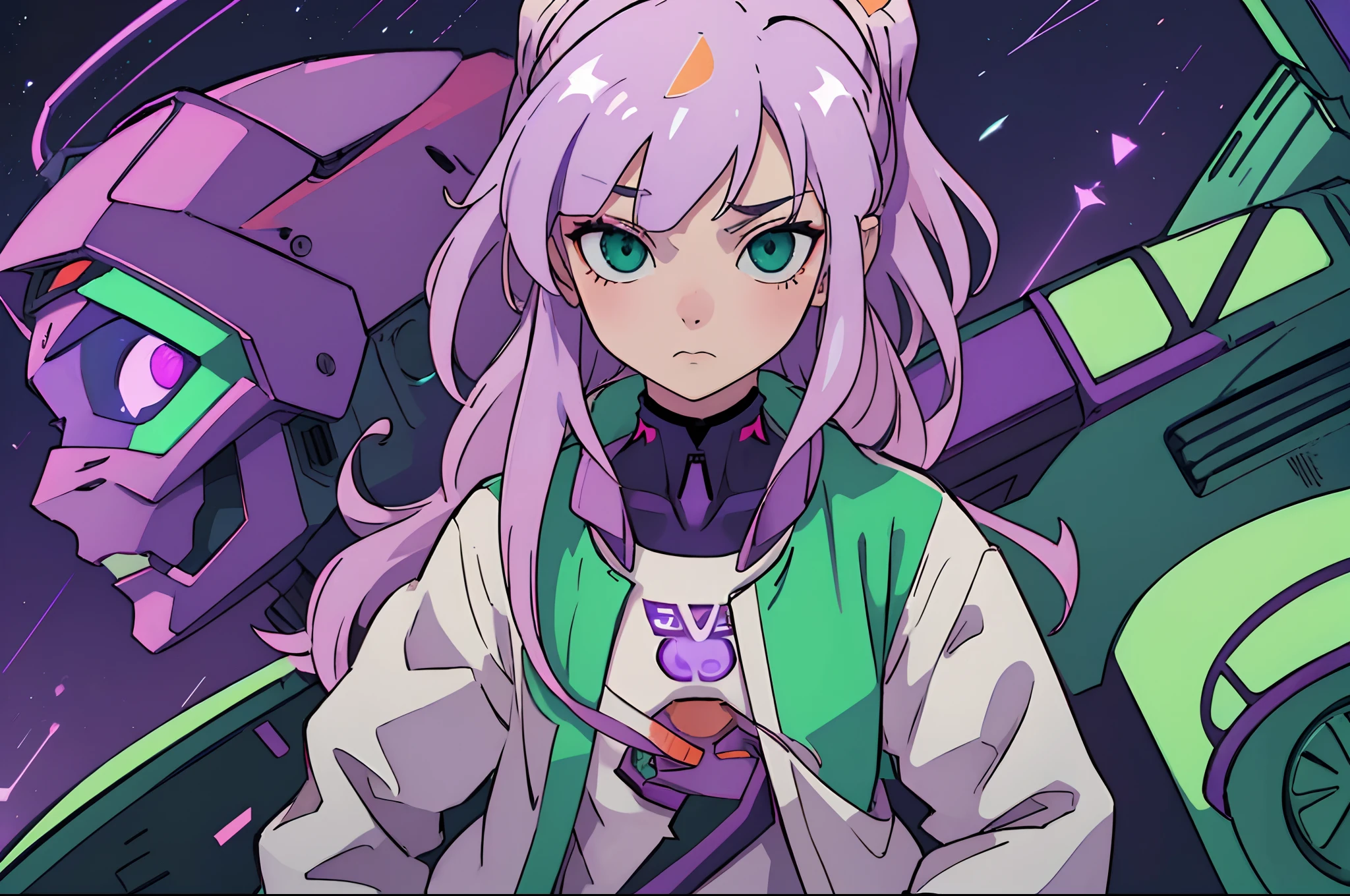 1girl,solo,mecha girl ,Albino, cute, purple hair, blonde hair, beautiful, long hair, green eyes, wearing a purple and green jacket, samurai style, robotic mask,dragon horn, hair with a ribbon,night light ,neon light,(( Evangelion )),((8k, UHD, ultra realistic))