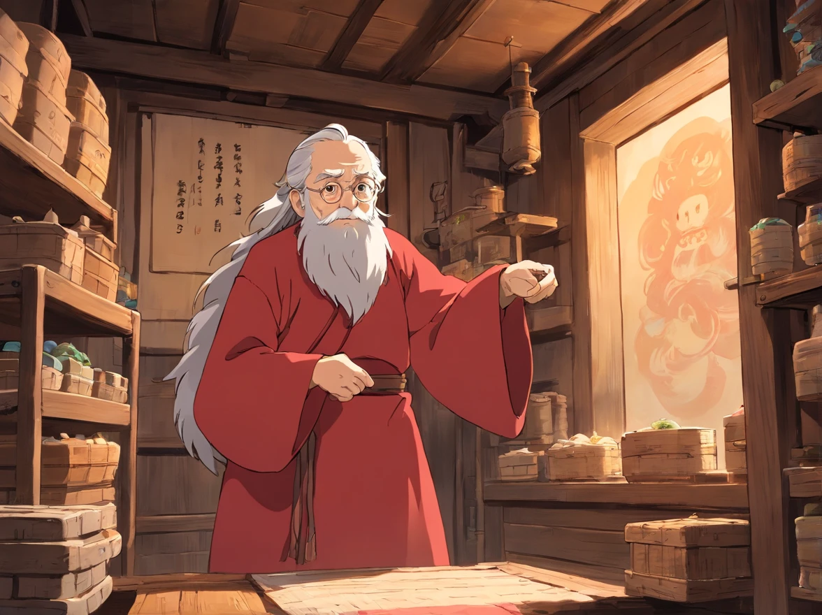 Indoors,The walls are covered with production flowcharts and tools。 A 15-year-old boy in red Zhuang costume stands,and old men in brown Zhuang clothes,Indoors,The boy and the old man speak face to face。(Boy image:Red clothes,Carry a bag,年轻)(Image of the old man:brown clothes,Thin and shriveled,Has a long beard,)