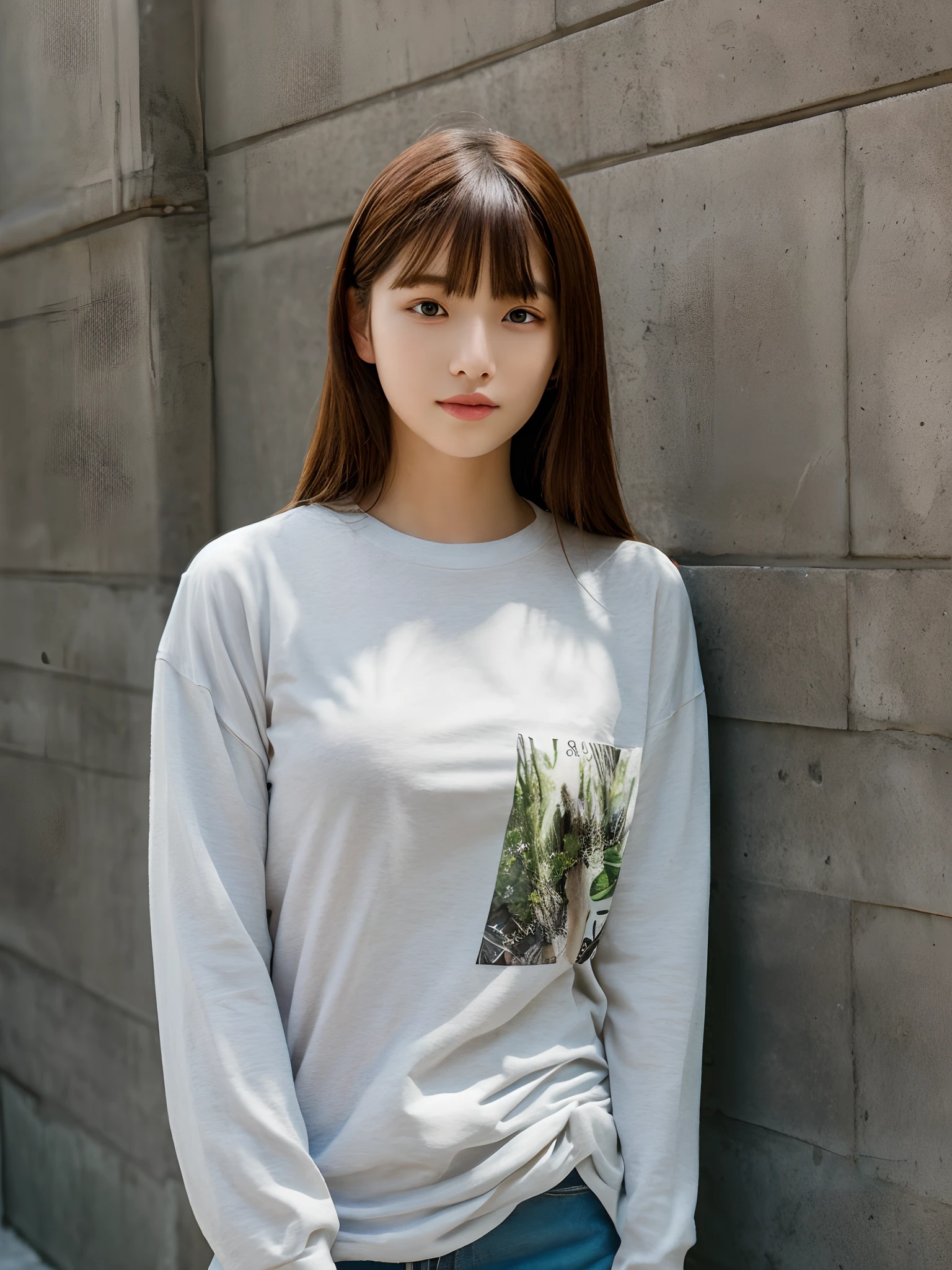 top-quality、超A high resolution、(Photorealsitic:1.4)、1人、、small tits、、、A Japanese Lady、Looking at the camera、long Sleeve T-Shirt、Concrete background、Facing the front、is standing、a blond、Woman in her late teeight bangs、semi long hair、Salon model style、Natural look、Leaning against the wall