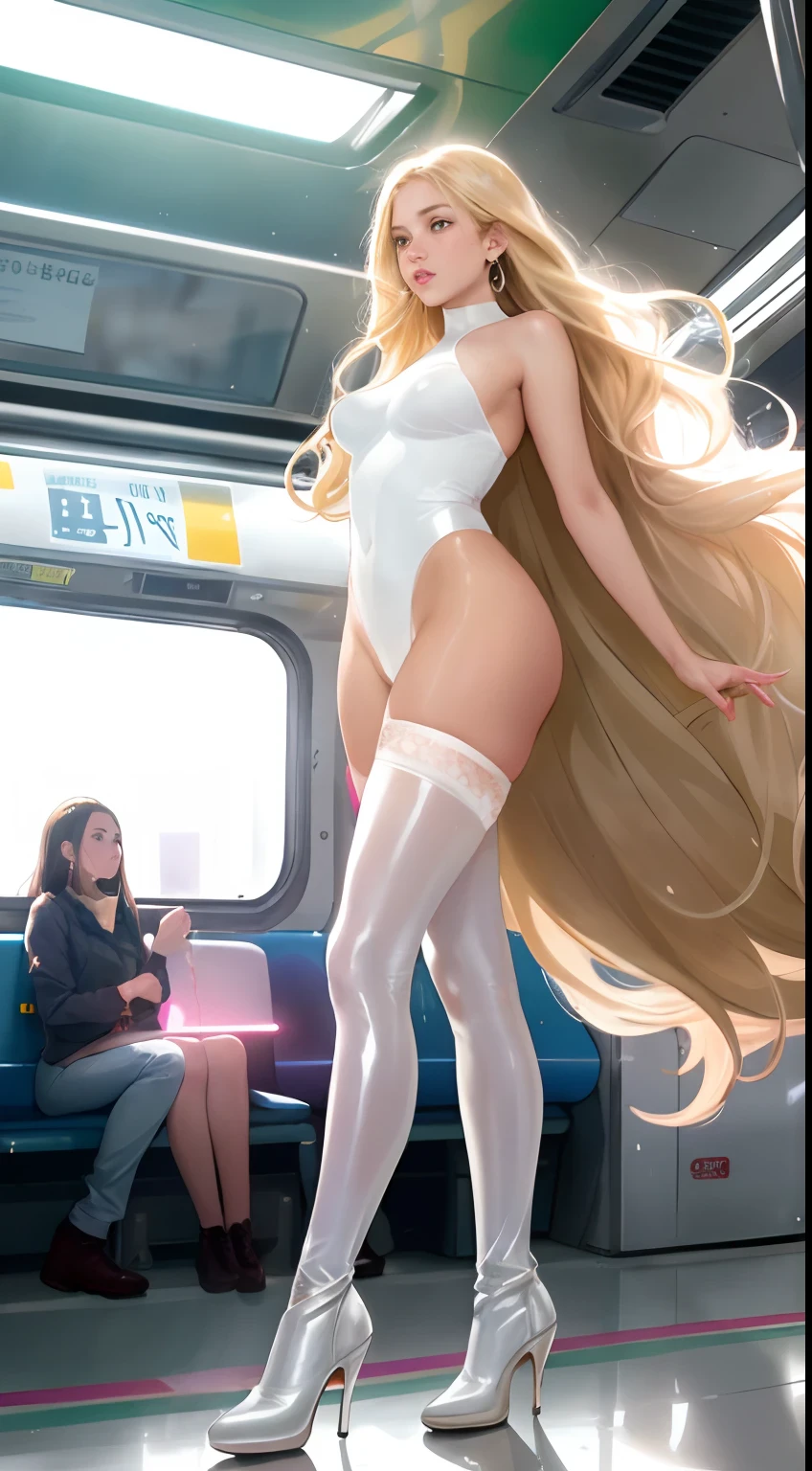 ((prepubescent)), Beautiful girl, freckles on her face, Light green eyes, Large earrings, high heels boots, full bodyesbian, Shot from below, Very light skin , Very long hair, Wavy hair , Blonde hair, Busy subway cars, Photorealistic, Indirect lighting, volumettic light, Ray tracing, Hyper-detailed, Best quality, Ultra-high resolution, hdr, 8K,Camel toe petals,Hollow-out on,sweat leggs,White liquid, Smooth pink skin, shiny metallic glossy skin, Shiny,spread their legs,M-shaped legs,Irritated,white liquid all over body,Full body like