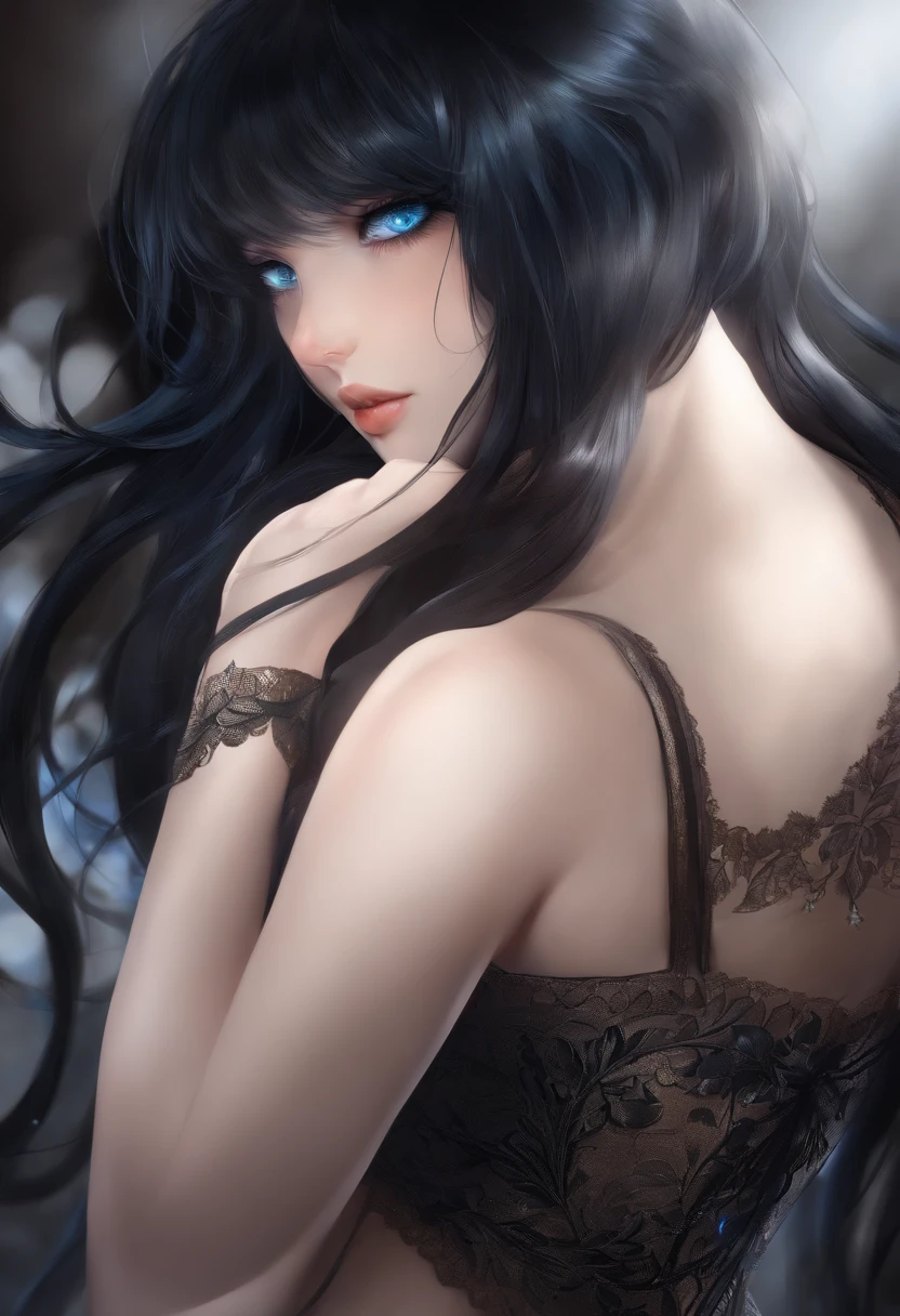 eroticism, sexy, black and white image, curvy girl, long black hair,embroidered sexy dress, between shadows, oil painting, chiaroscuro, sensual, dramatic lighting, moody atmosphere, photorealistic, intricate details, masterpiece, ultra-detailed, high quality, 8k, best quality, realistic, cinematic, dark and brooding, expressionistic, powerful composition, emotional impact, Bill Sienkiewicz inspired art