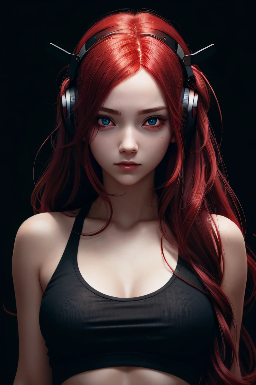 girl with long red hair, red eyes, futuristic vibes, mask on mouth, headphones, 8k, high quality, simple background, glowing eyes, nice pose