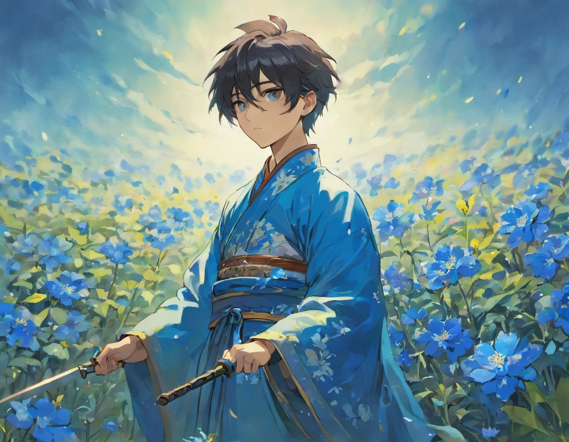 chinese hanfu , a man with a sword ,with sad face in he field blue flowers