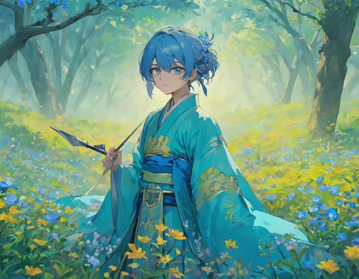 chinese hanfu , a man with a sword ,with sad face in he field blue flowers