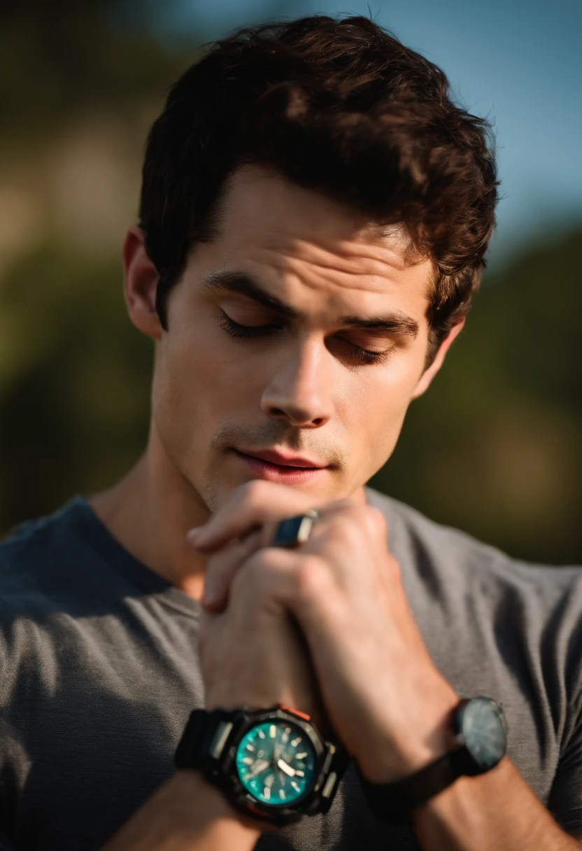 Dylan O’brien shirtless wearing a g shock watch drooling while staring at his watch