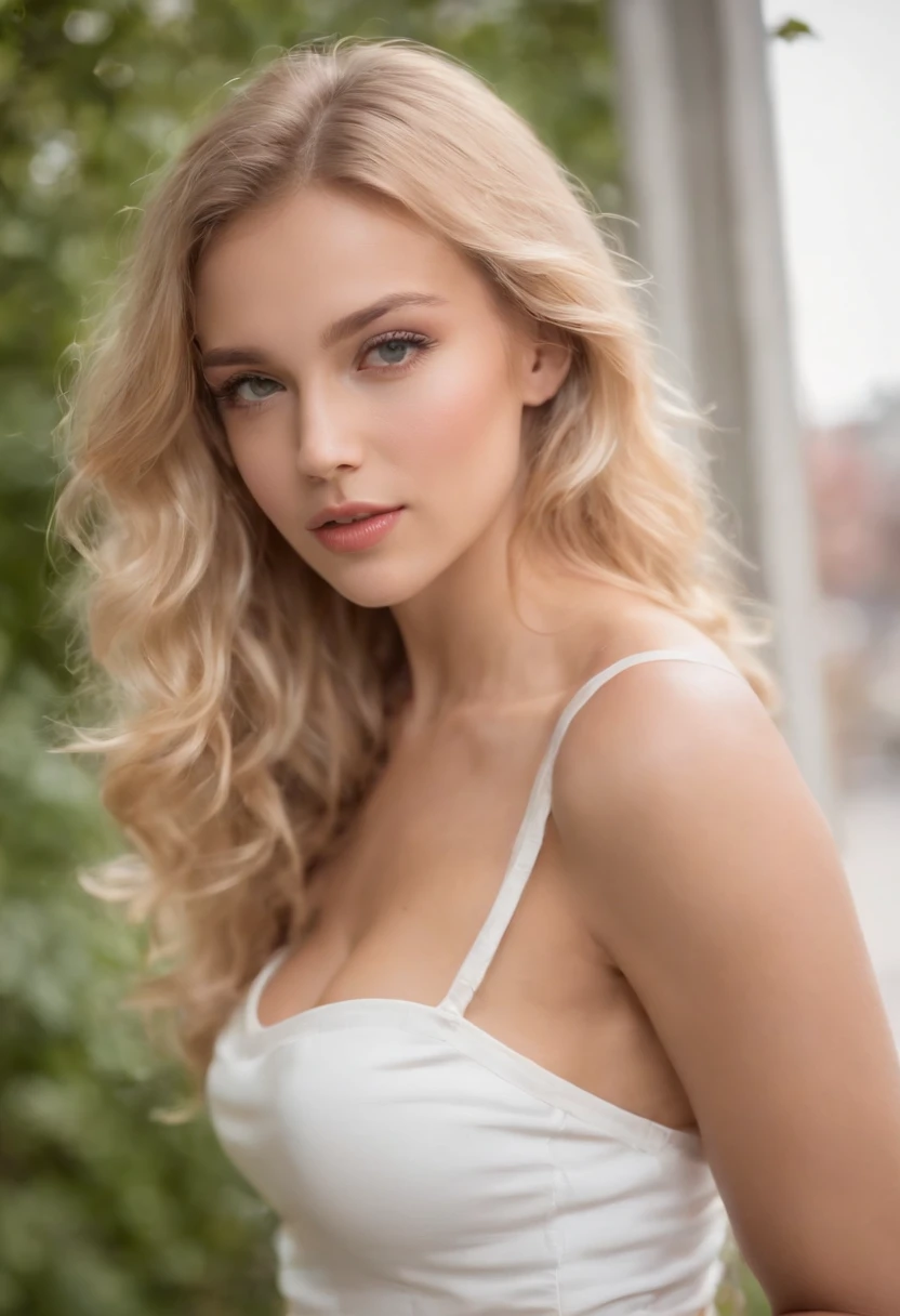 Sexy Women, , Thinness, Sport, shiny tanned skin, huge-breasted, Slim waistline, Curly blonde hair, White blouse,a miniskirt, realisticlying, photographed, realisitic, natural